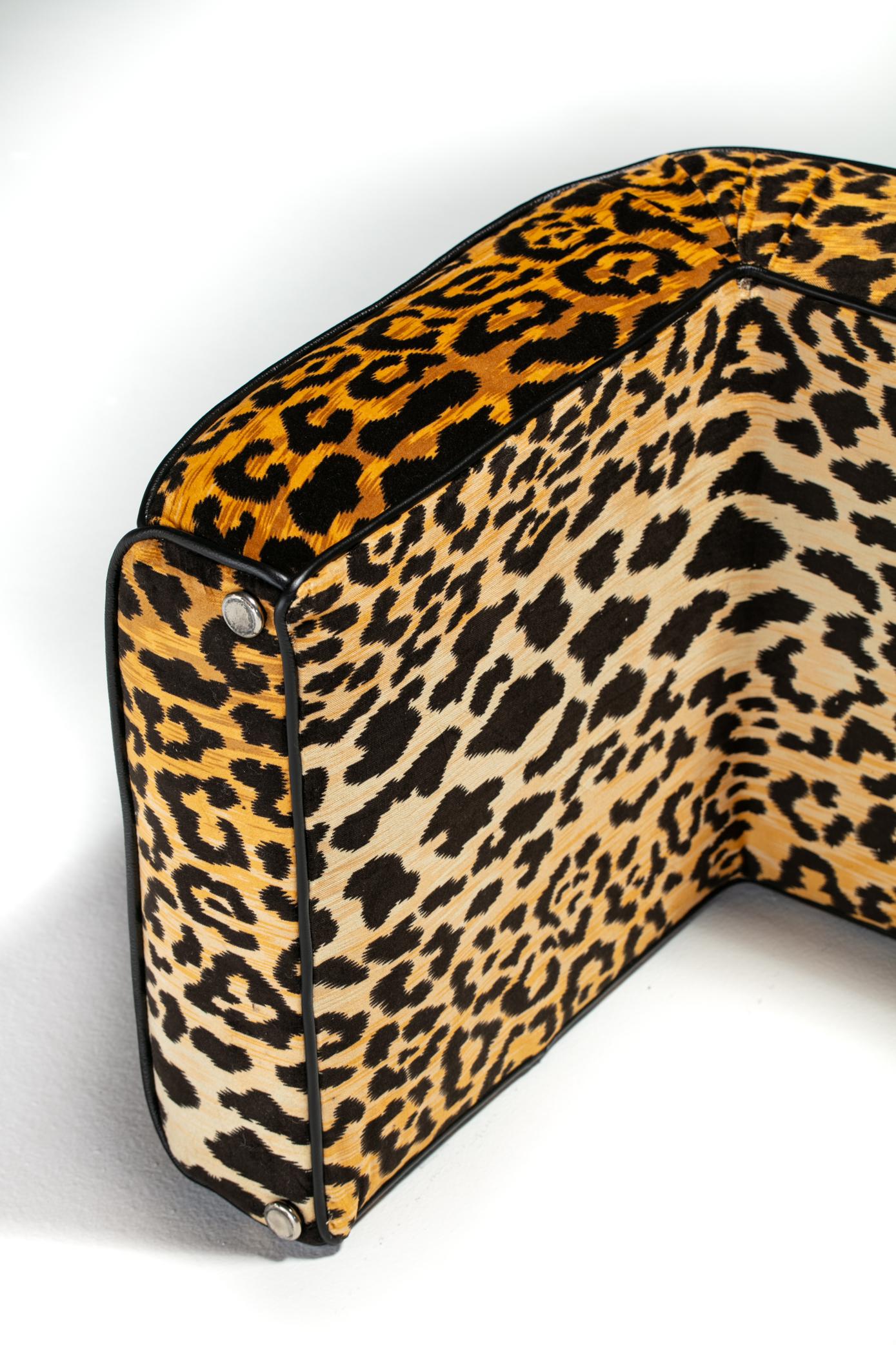 Karl Springer Style Large Waterfall Bench in Leopard Velvet & Black Leather For Sale 5