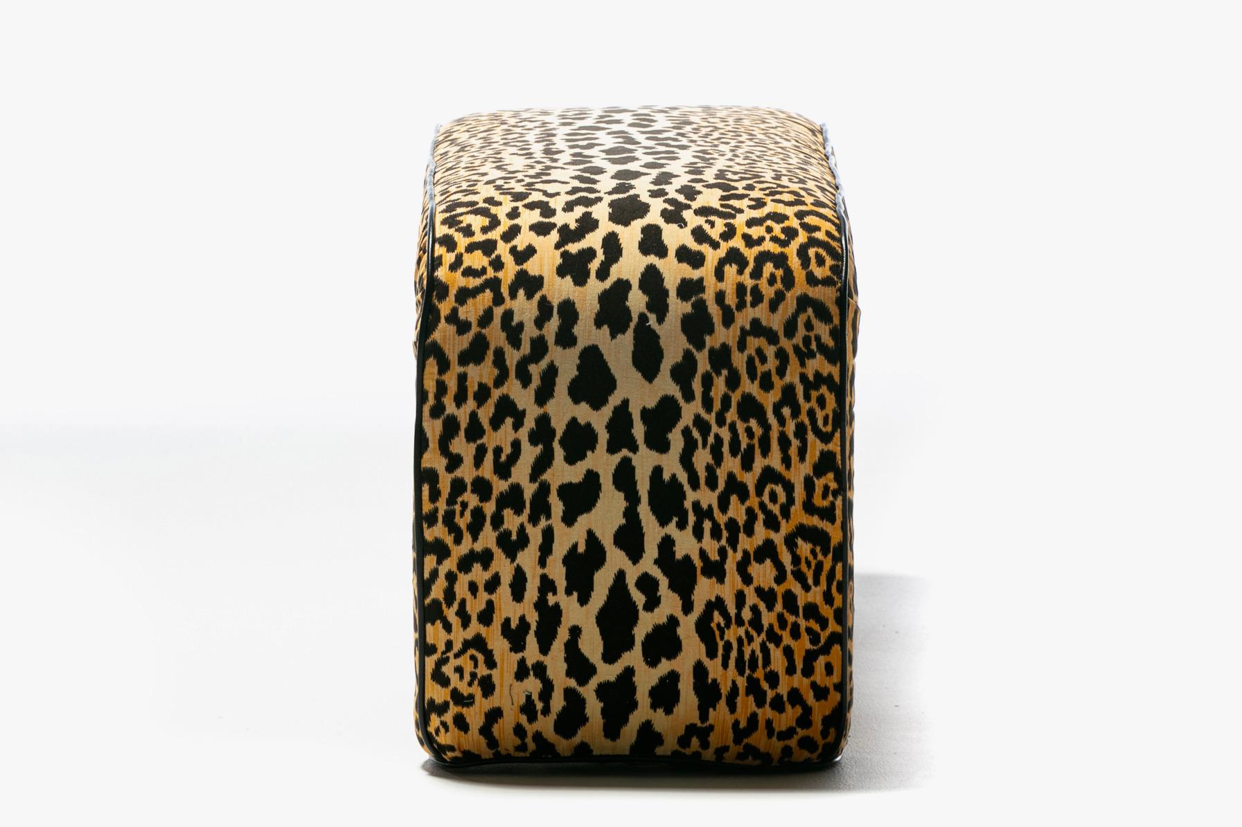 Modern Karl Springer Style Large Waterfall Bench in Leopard Velvet & Black Leather For Sale