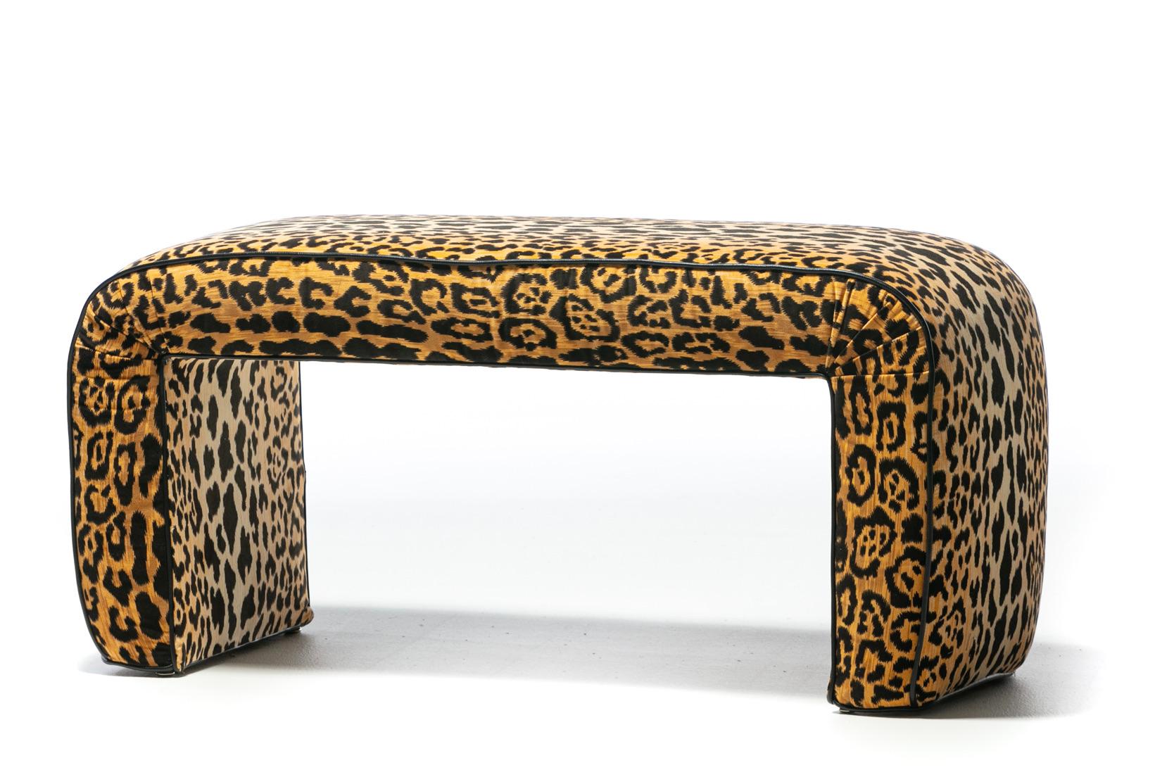 Karl Springer Style Large Waterfall Bench in Leopard Velvet & Black Leather In Good Condition For Sale In Saint Louis, MO