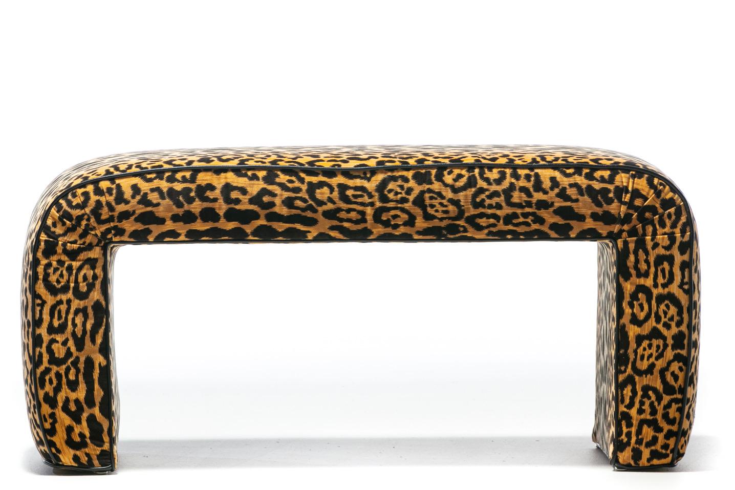Late 20th Century Karl Springer Style Large Waterfall Bench in Leopard Velvet & Black Leather For Sale