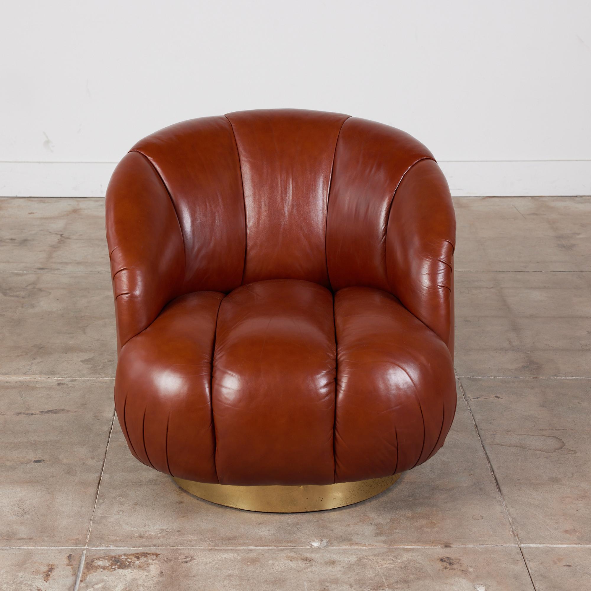 Post-Modern Karl Springer Style Leather Swivel Chair For Sale