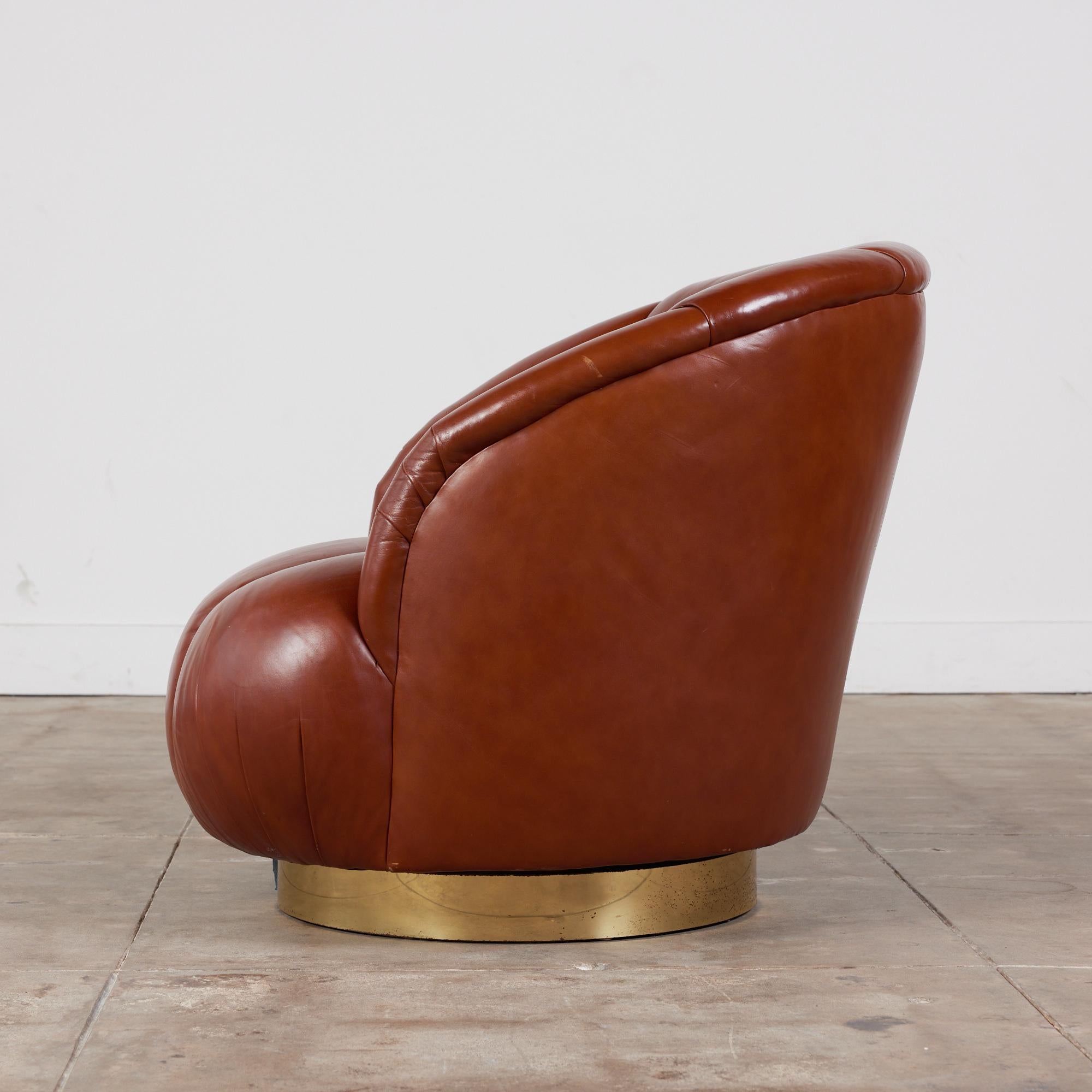 American Karl Springer Style Leather Swivel Chair For Sale