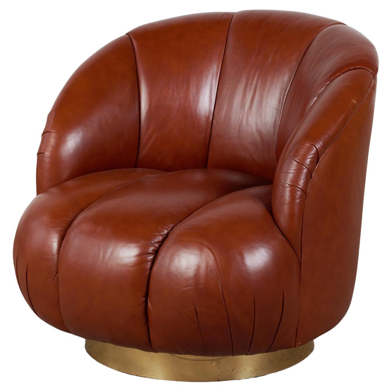 Karl Springer Style Leather Swivel Chair For Sale