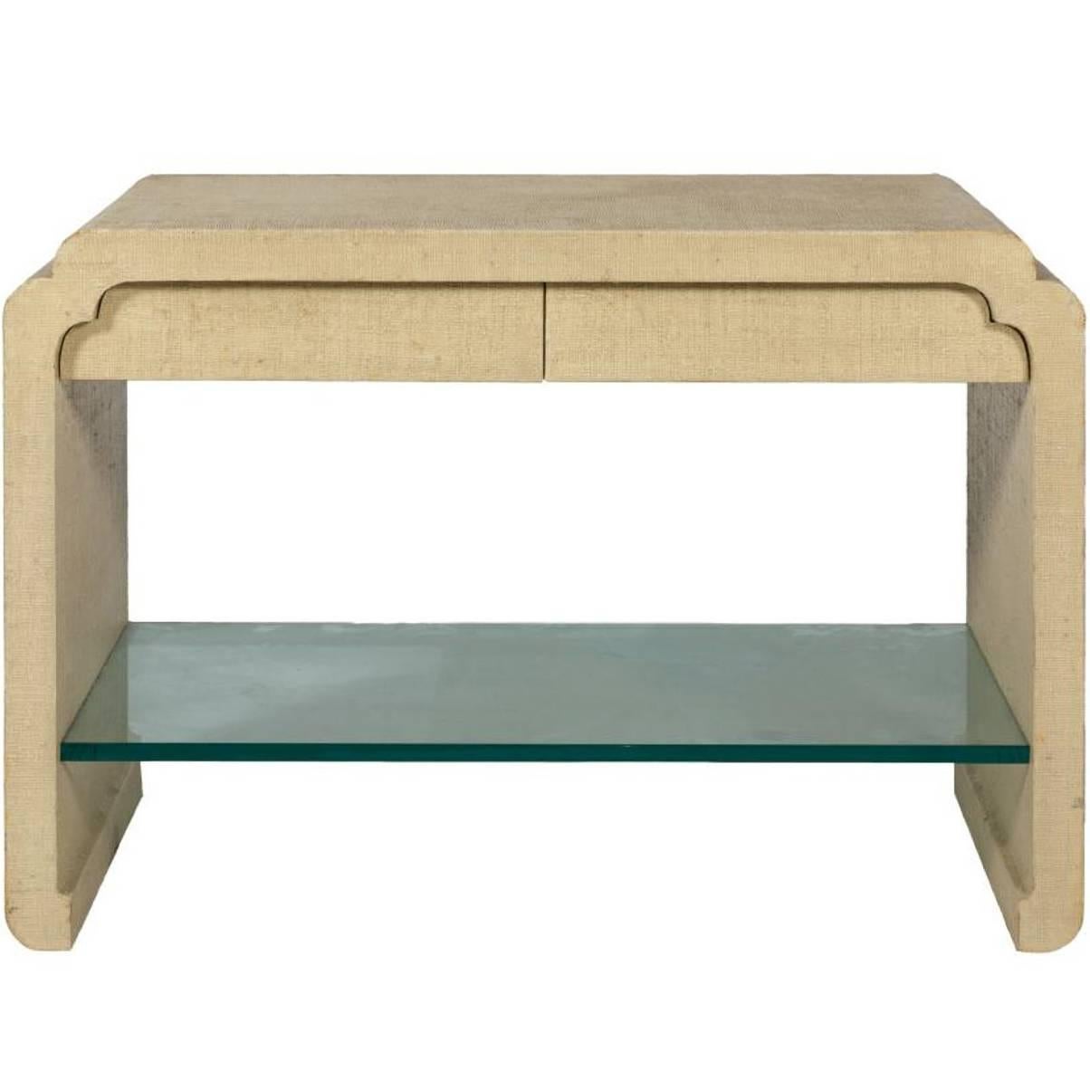 Karl Springer Style Linen Wrapped Console with Glass Shelf