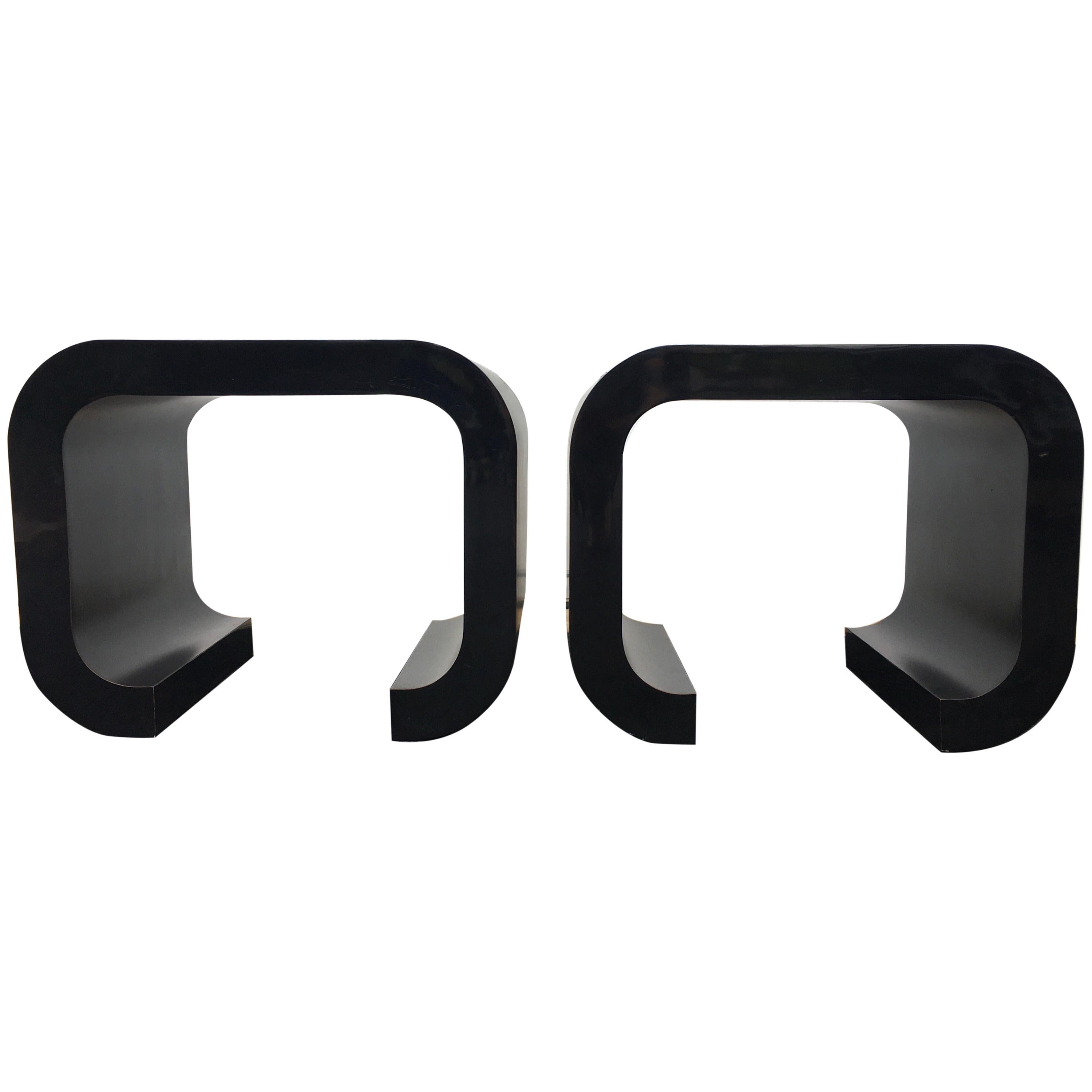 Karl Springer Style Matte Black Mid Century Modern Waterfall Side Tables, 1970s