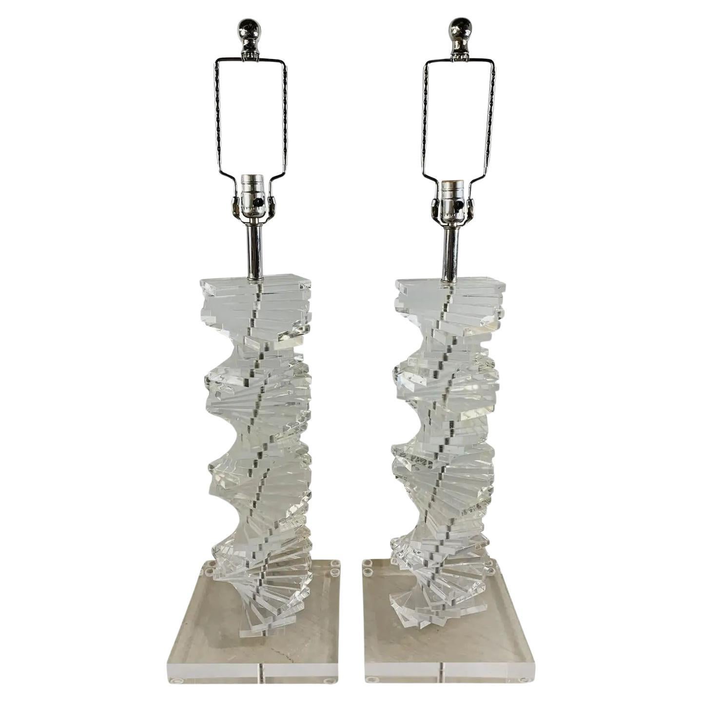 Karl Springer Style MCM Stacked Lucite Table Lamp "Grand Staircase", a Pair