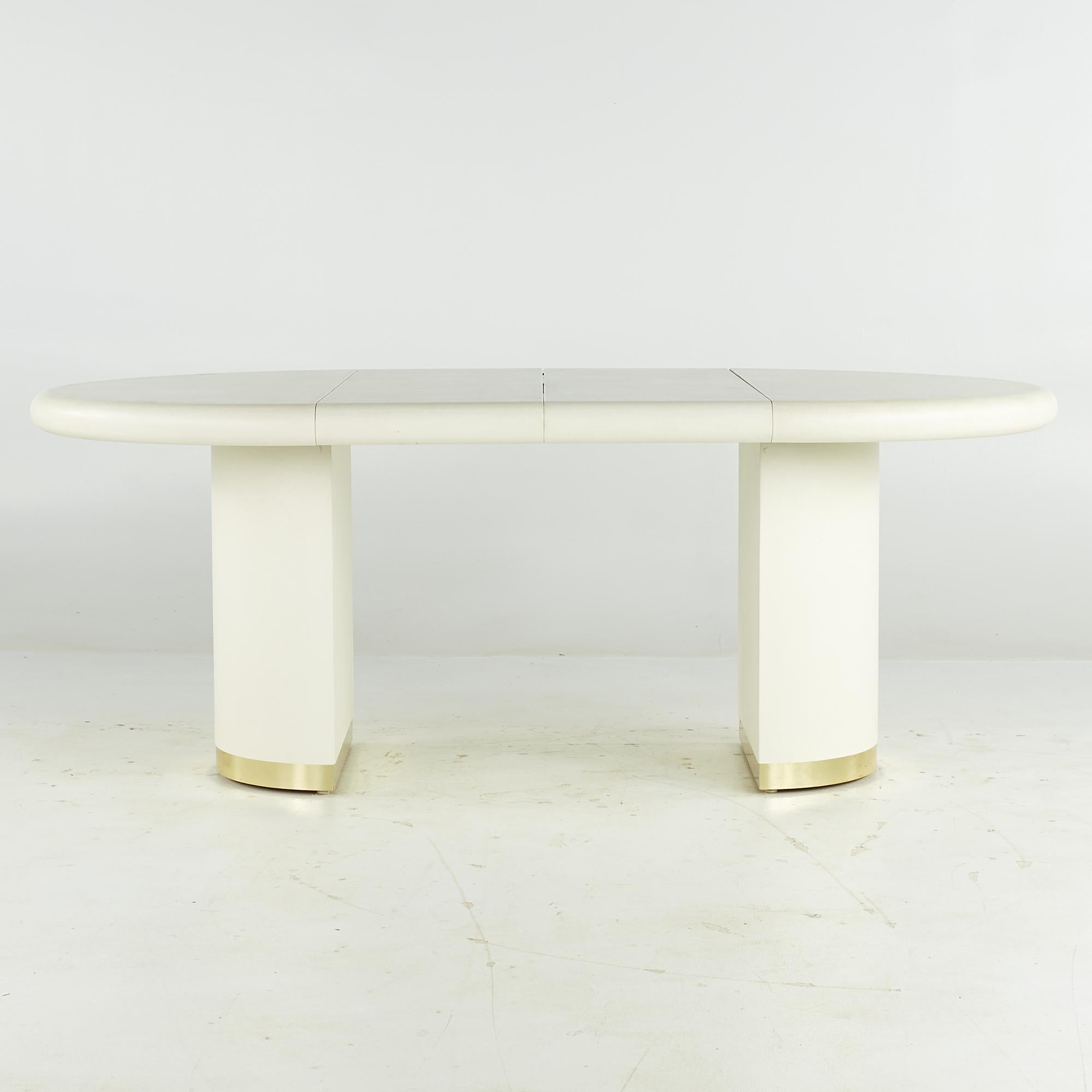 Late 20th Century Karl Springer Style Midcentury Grass Cloth and Brass Expanding Dining Table For Sale