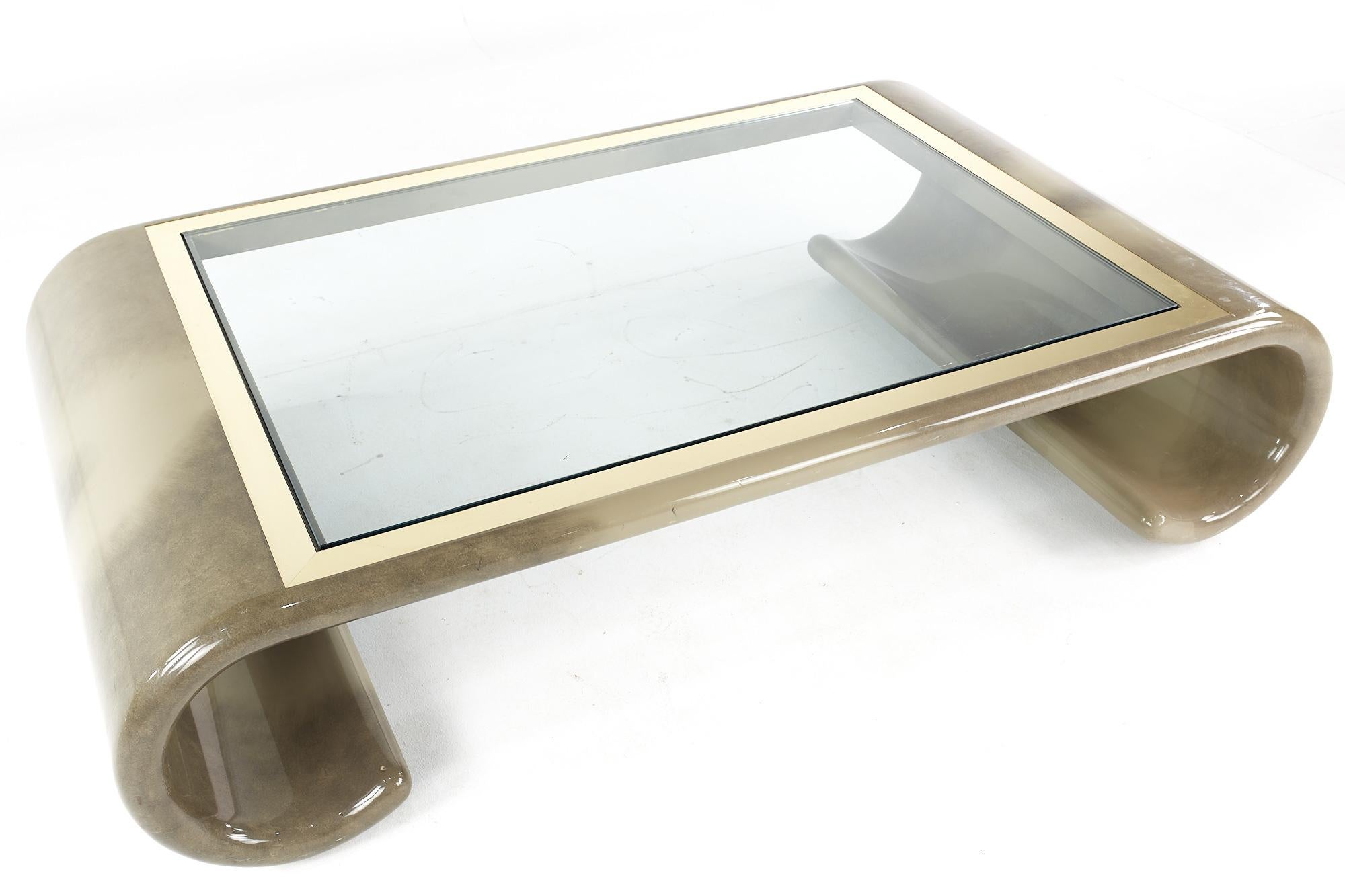 Karl Springer Style Mid-Century Lacquered and Glass Coffee Table For Sale 1