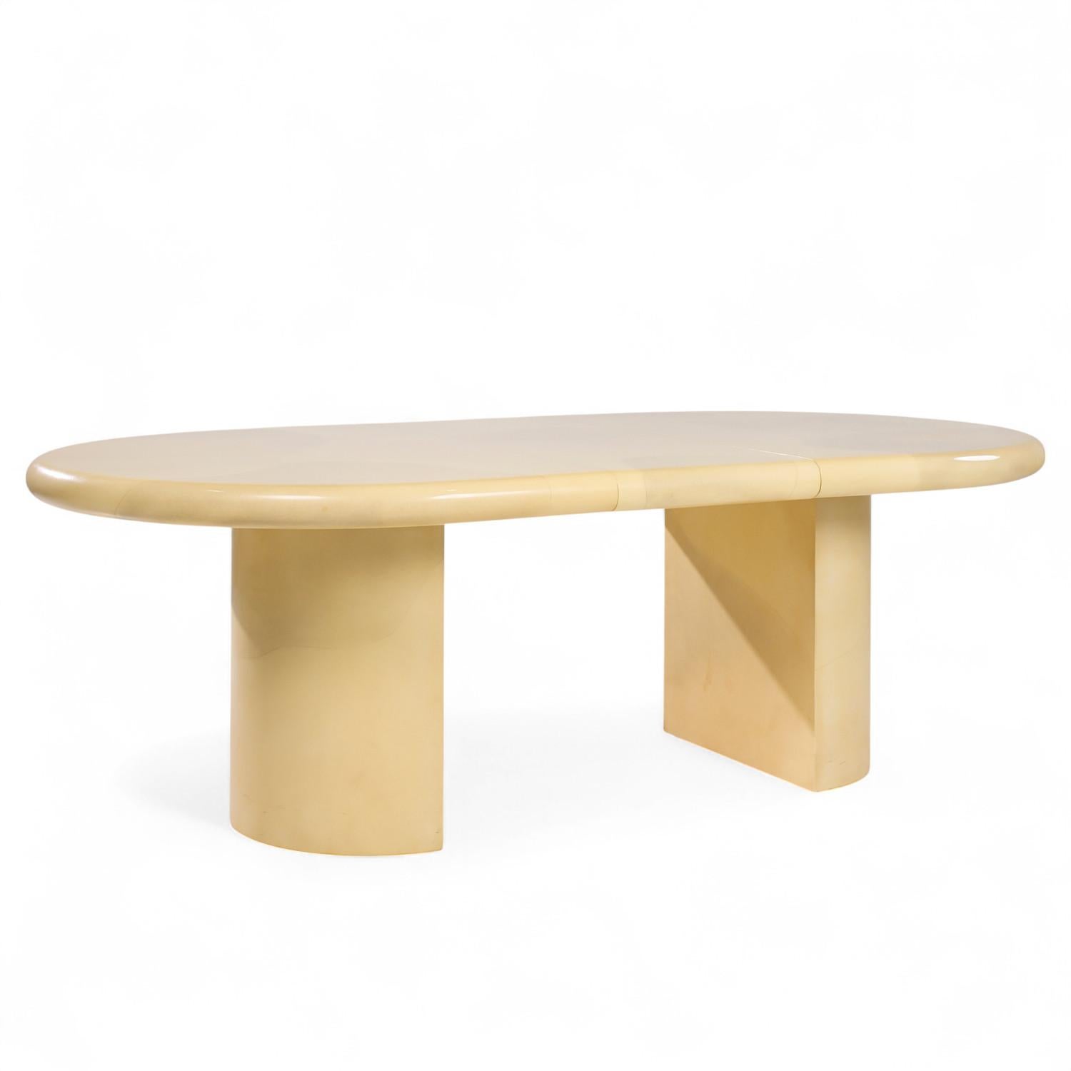 Karl Springer Style Mid Century Lacquered Goat Skin Dining Table with 2 Leaves For Sale 4