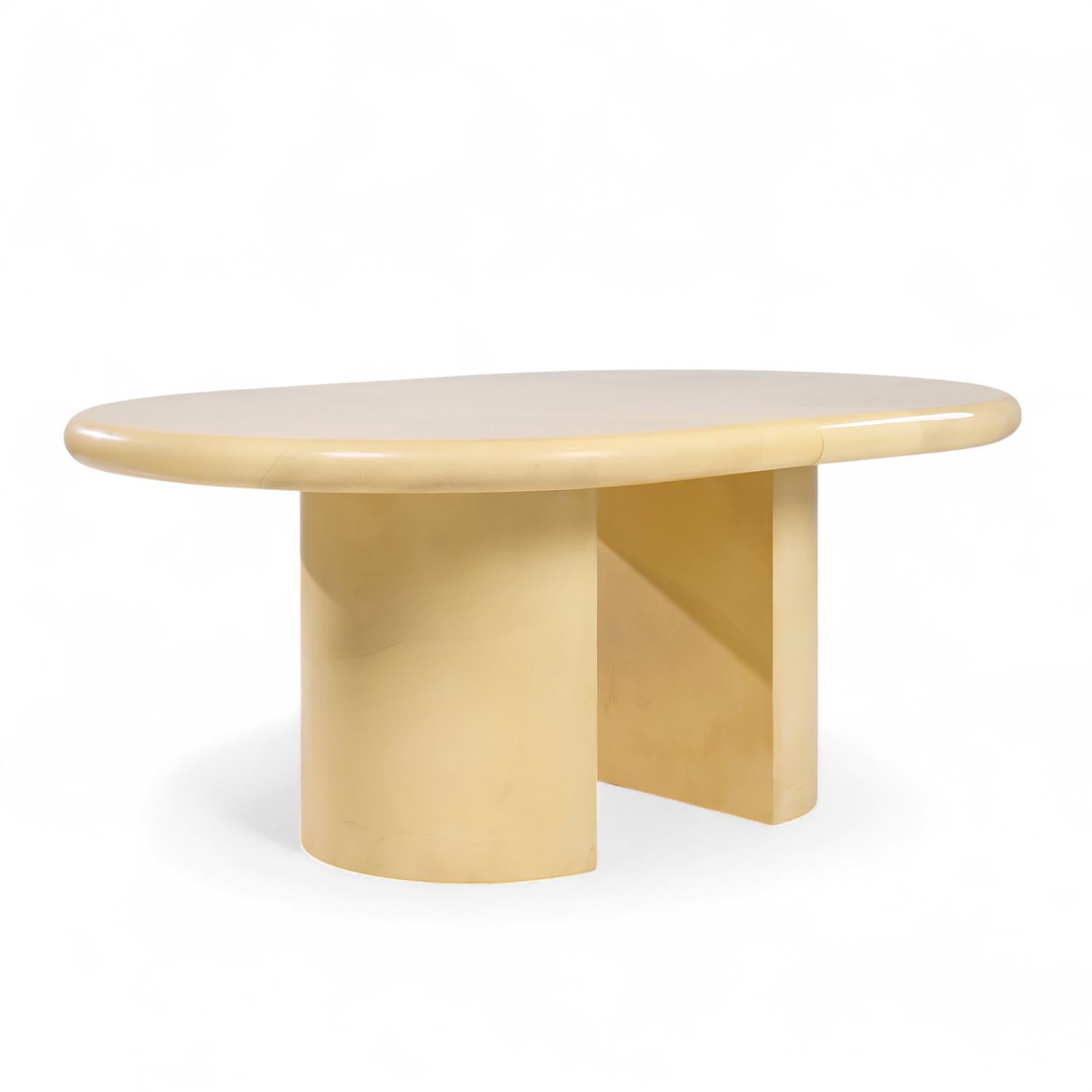 Goatskin Karl Springer Style Mid Century Lacquered Goat Skin Dining Table with 2 Leaves For Sale