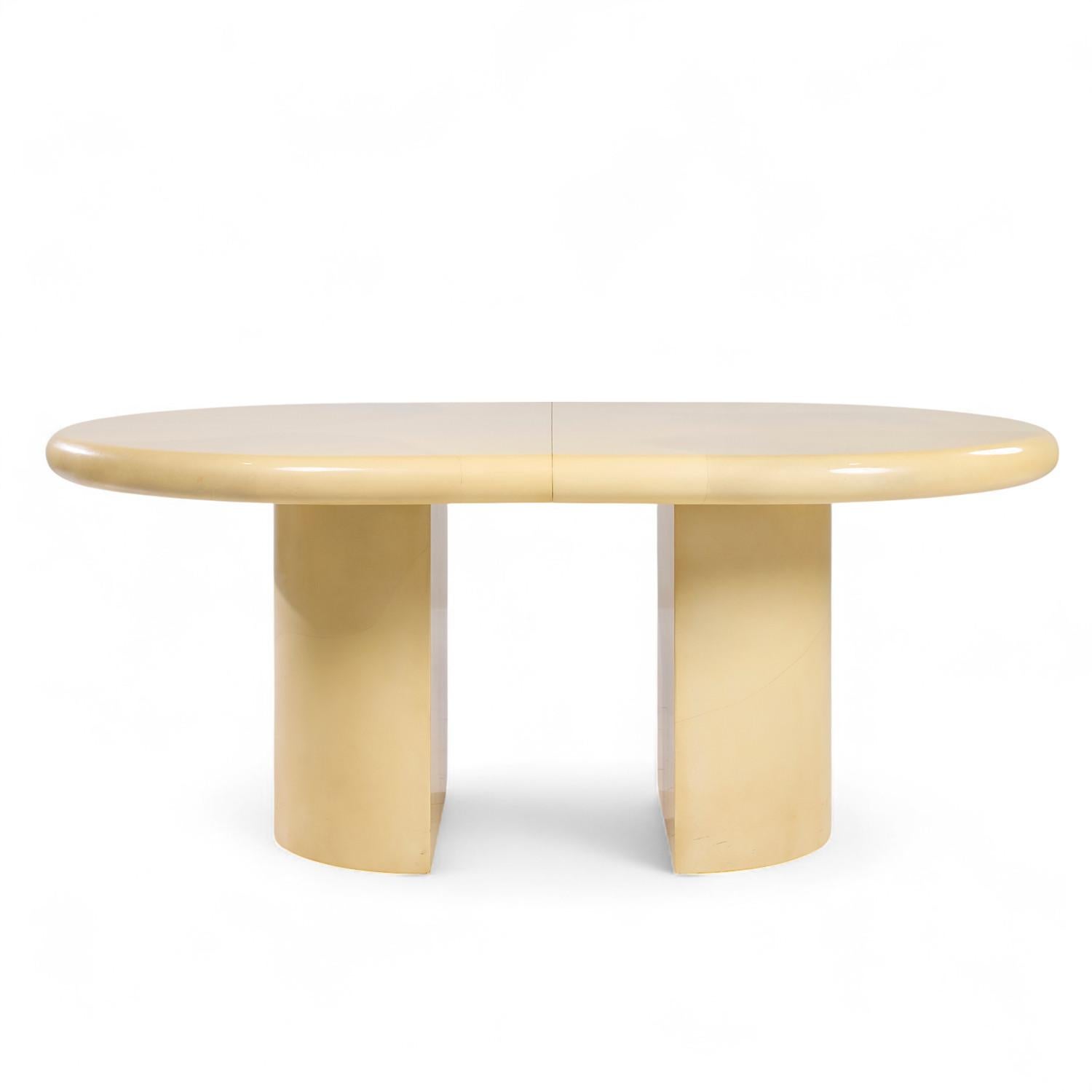 Karl Springer Style Mid Century Lacquered Goat Skin Dining Table with 2 Leaves For Sale 1