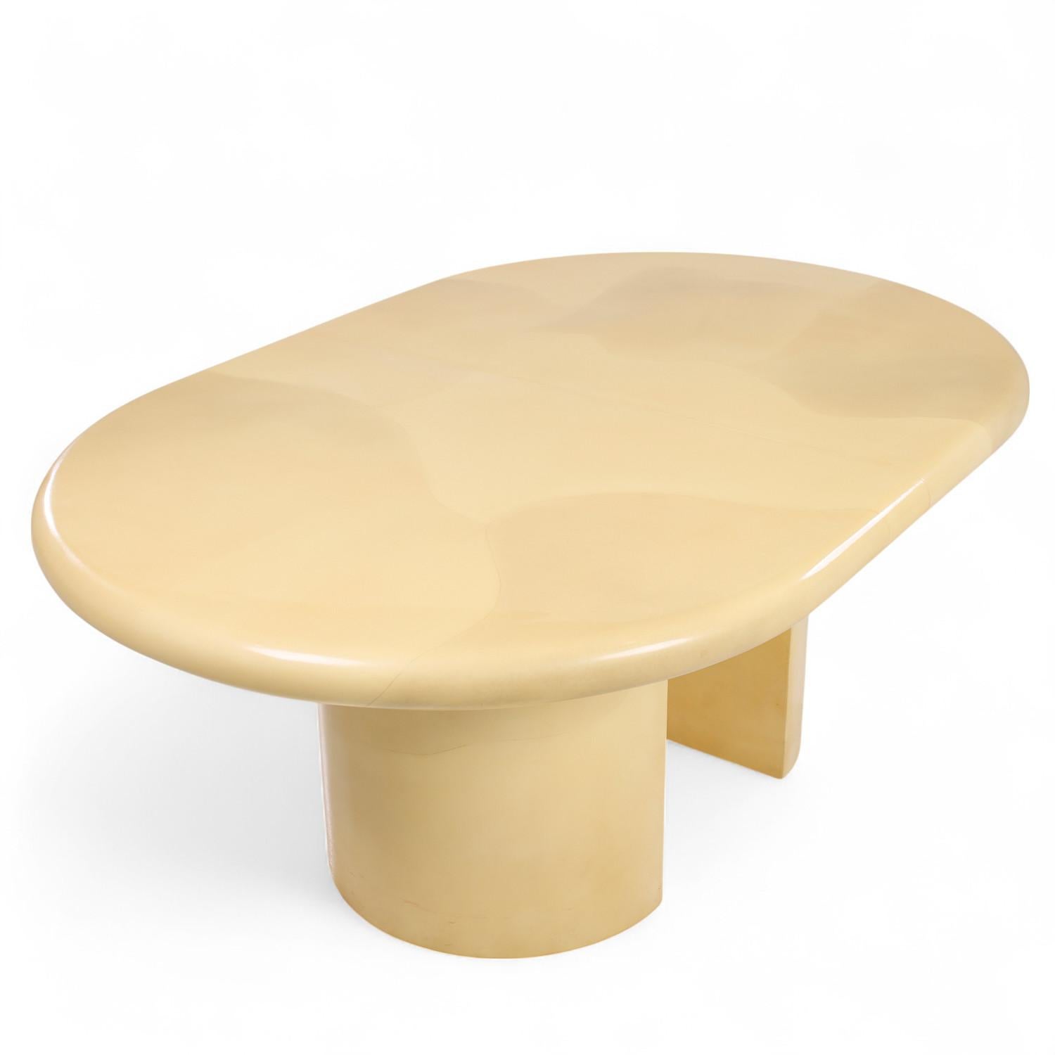 Karl Springer Style Mid Century Lacquered Goat Skin Dining Table with 2 Leaves For Sale 3