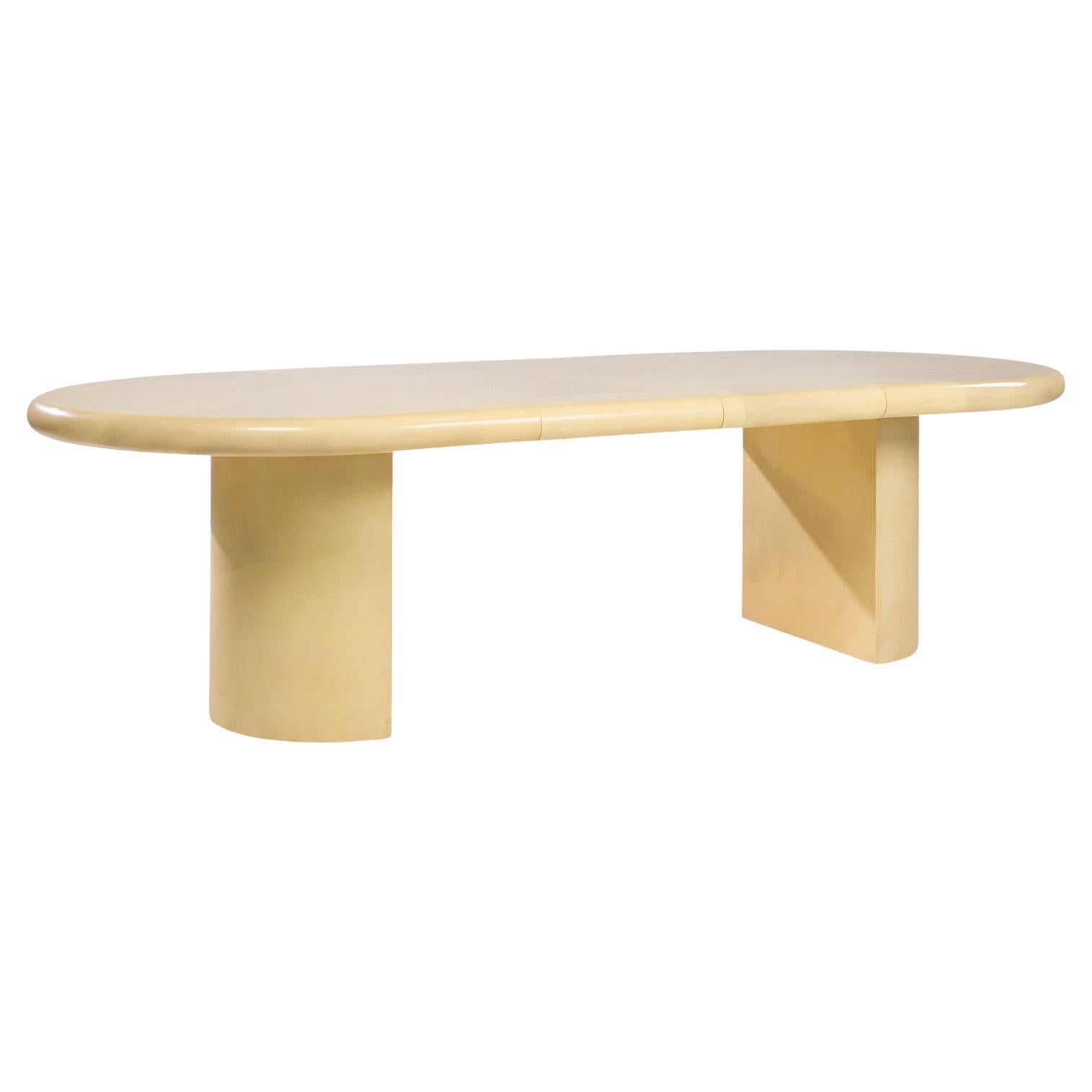 Karl Springer Style Mid Century Lacquered Goat Skin Dining Table with 2 Leaves For Sale