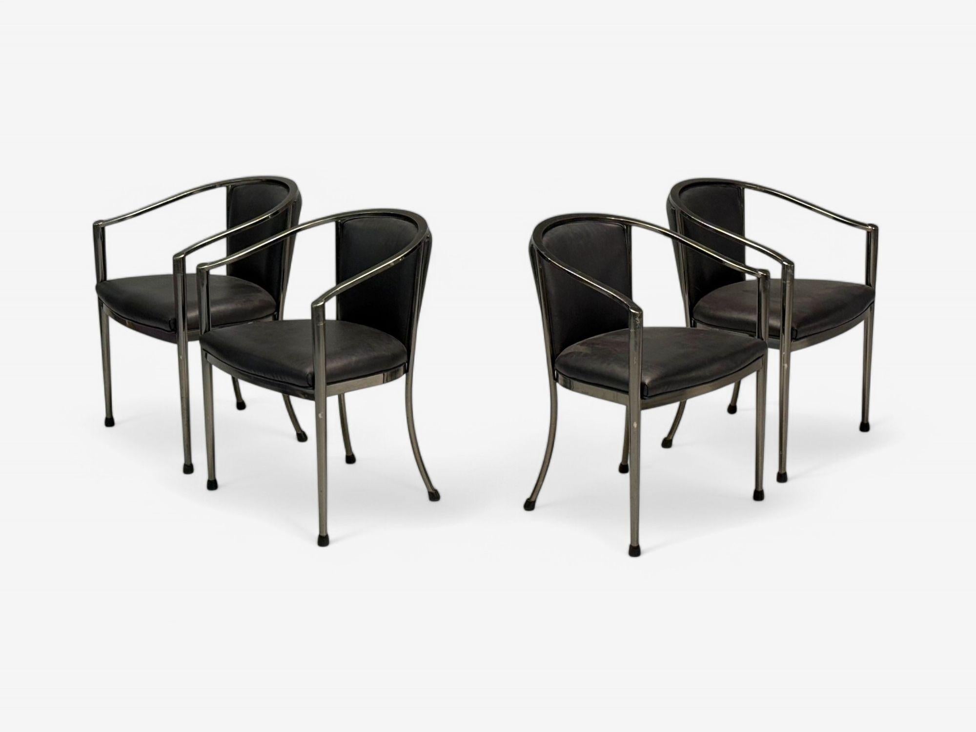 Karl Springer Style, Mid-Century Modern, Gunmetal, Leather, Four Armchairs, USA, 20th c.

Set of four modernist armchairs in gunmetal and black leather. Similar in style to work by American designer, Karl Springer.

Gunmetal, Black Leather; USA,