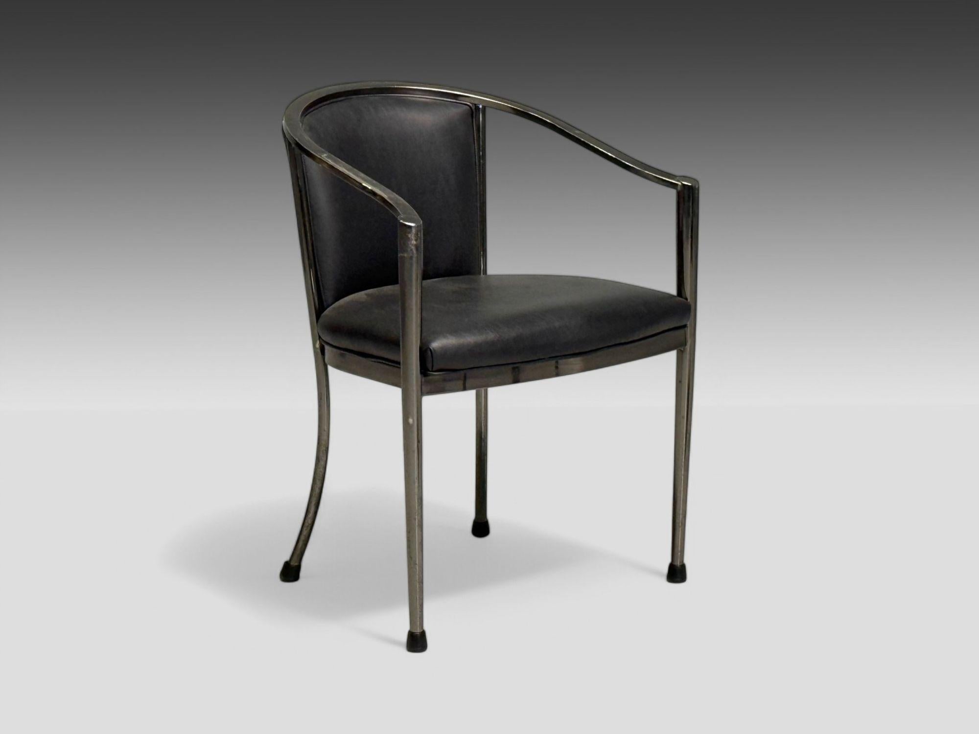 Karl Springer Style, Mid-Century Modern, Gunmetal, Leather, Armchairs, 20th c. In Good Condition For Sale In Manhasset, NY