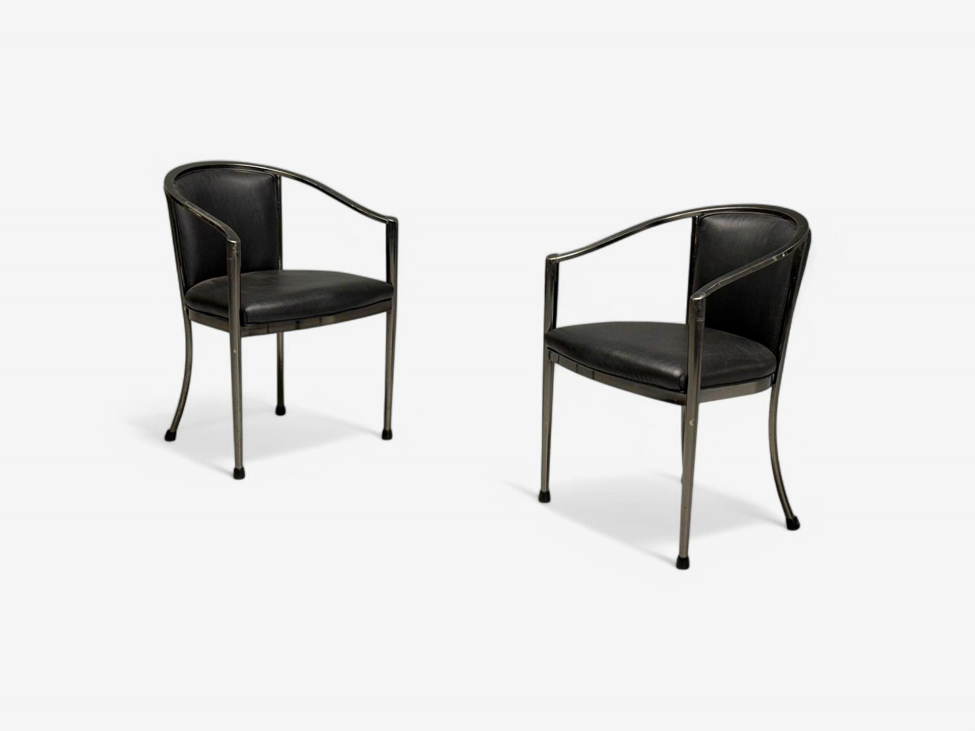 Metal Karl Springer Style, Mid-Century Modern, Gunmetal, Leather, Armchairs, 20th c. For Sale
