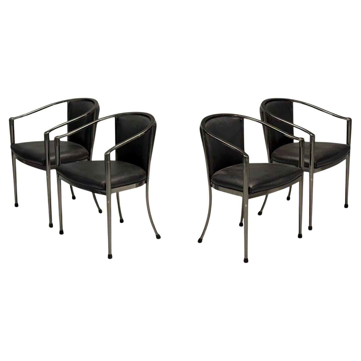 Karl Springer Style, Mid-Century Modern, Gunmetal, Leather, Armchairs, 20th c. For Sale