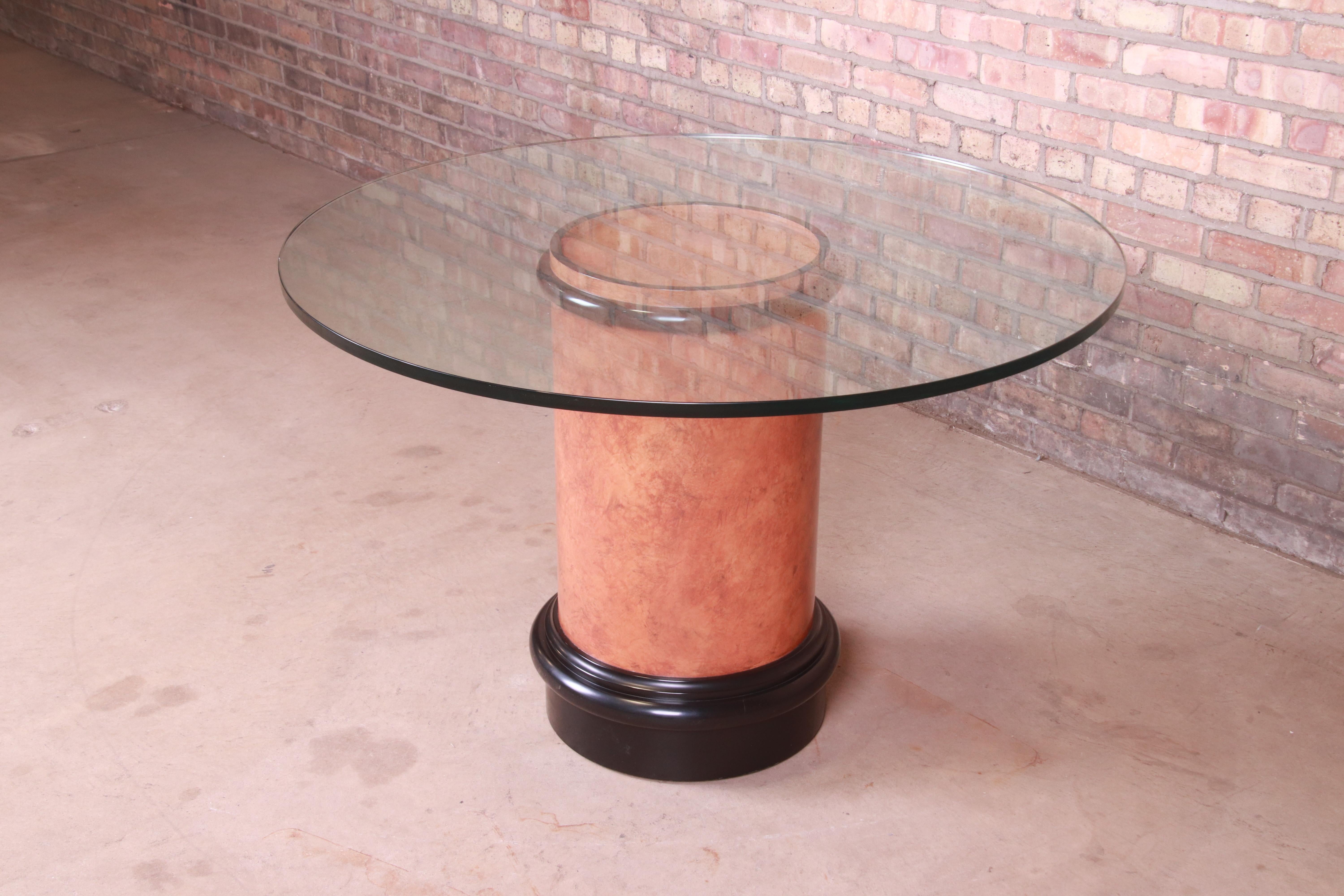 Karl Springer Style Modern Burl Wood Glass Top Pedestal Dining or Center Table In Good Condition For Sale In South Bend, IN