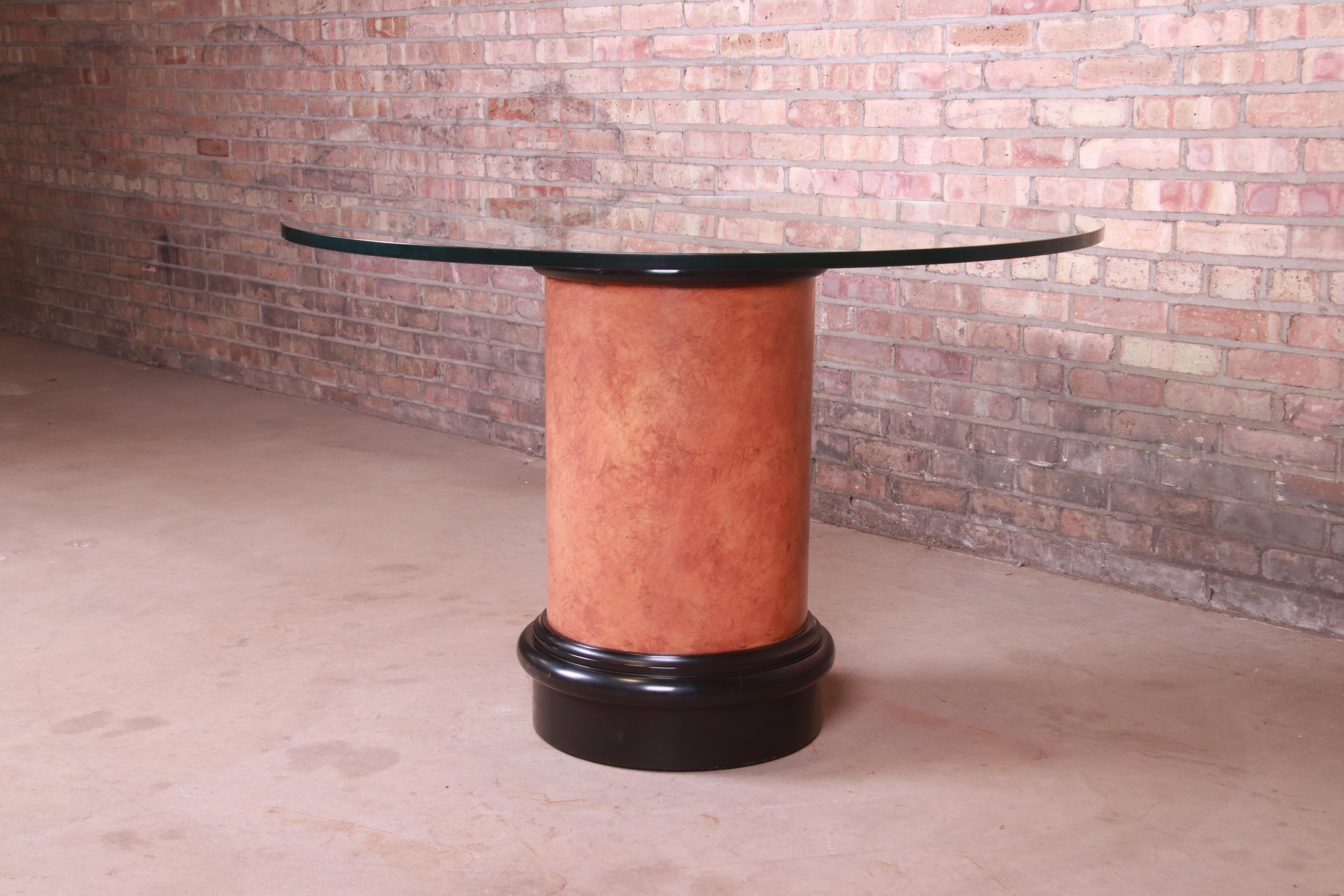 Late 20th Century Karl Springer Style Modern Burl Wood Glass Top Pedestal Dining or Center Table For Sale
