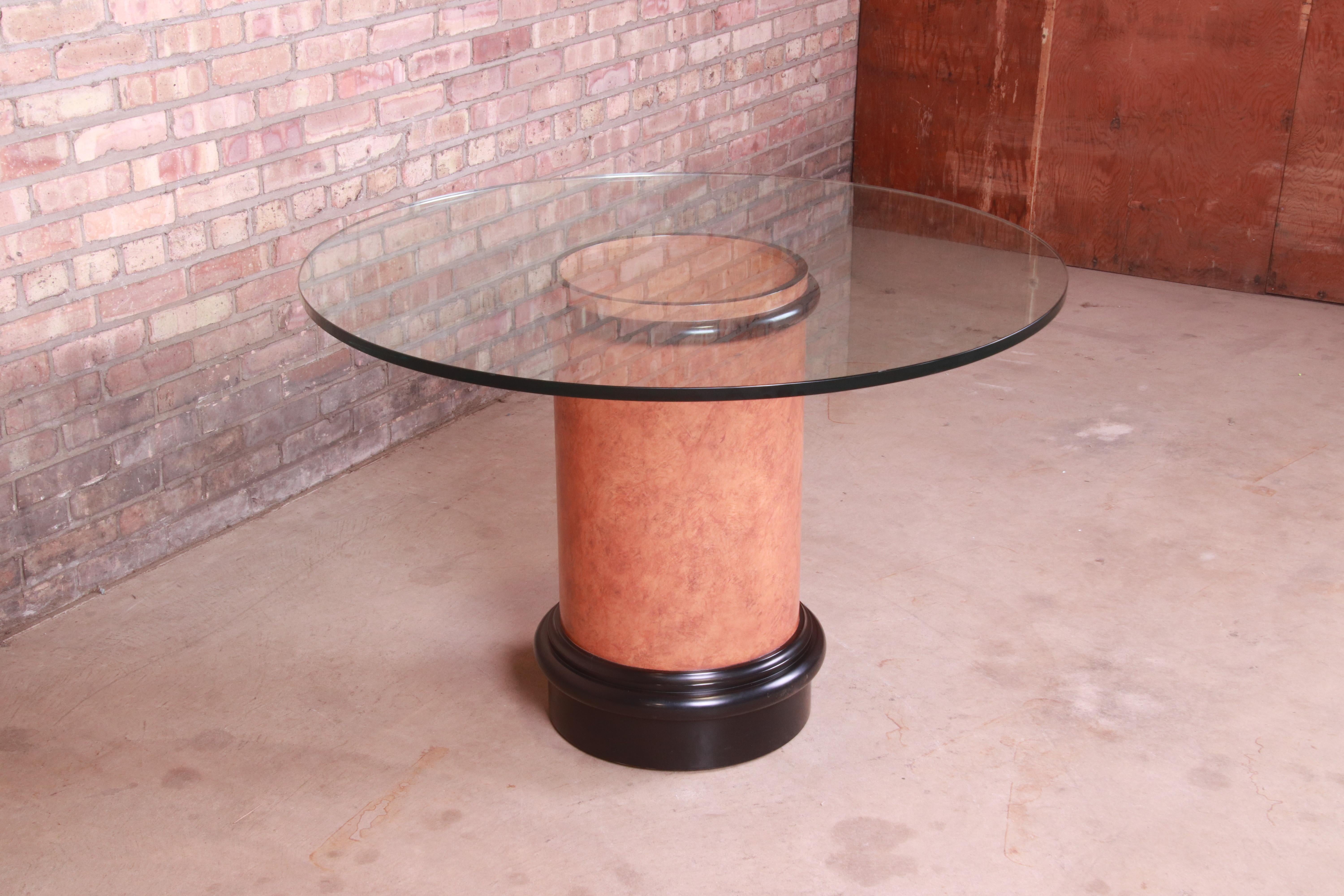Karl Springer Style Modern Burl Wood Glass Top Pedestal Dining or Center Table For Sale 1