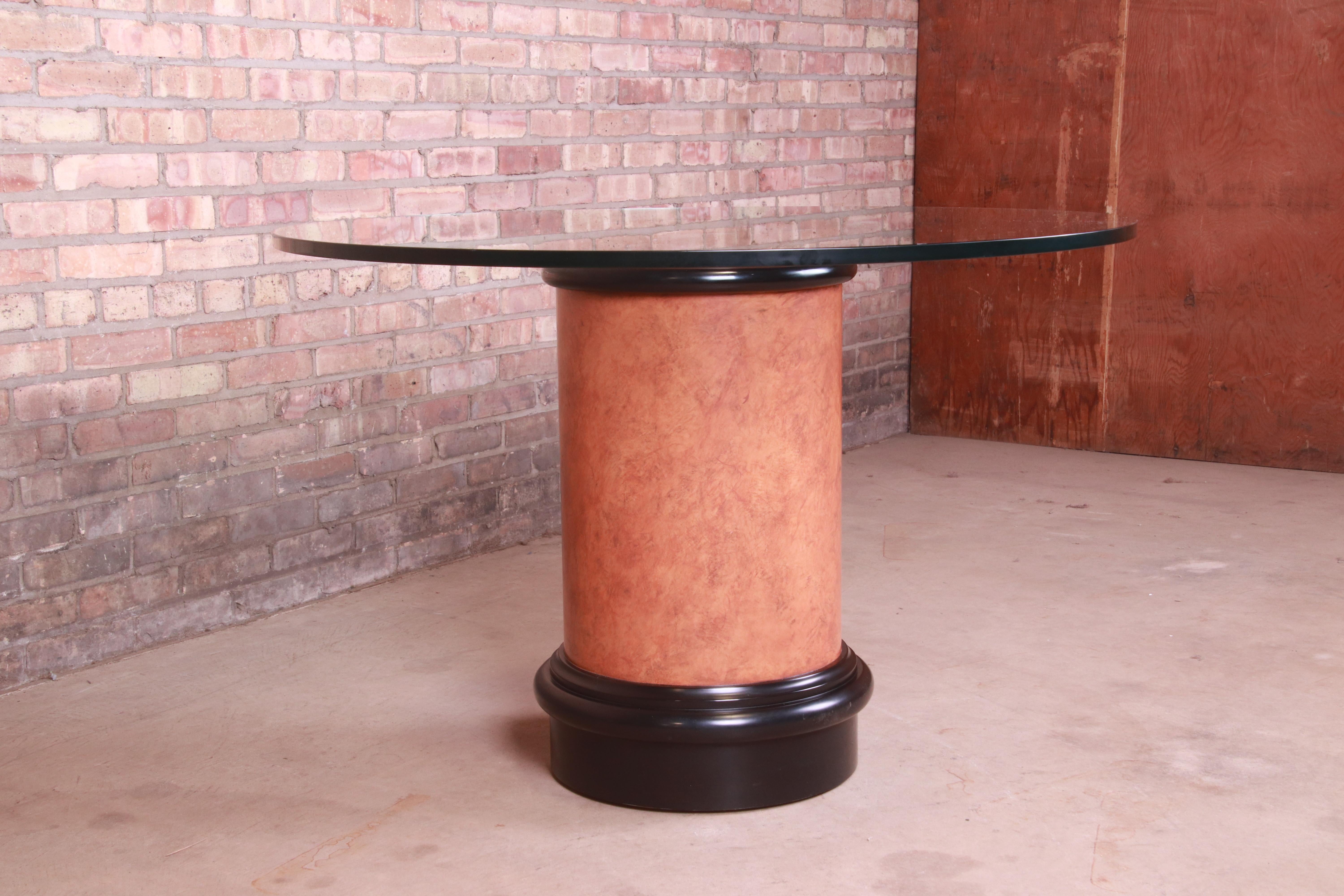 Karl Springer Style Modern Burl Wood Glass Top Pedestal Dining or Center Table For Sale 2