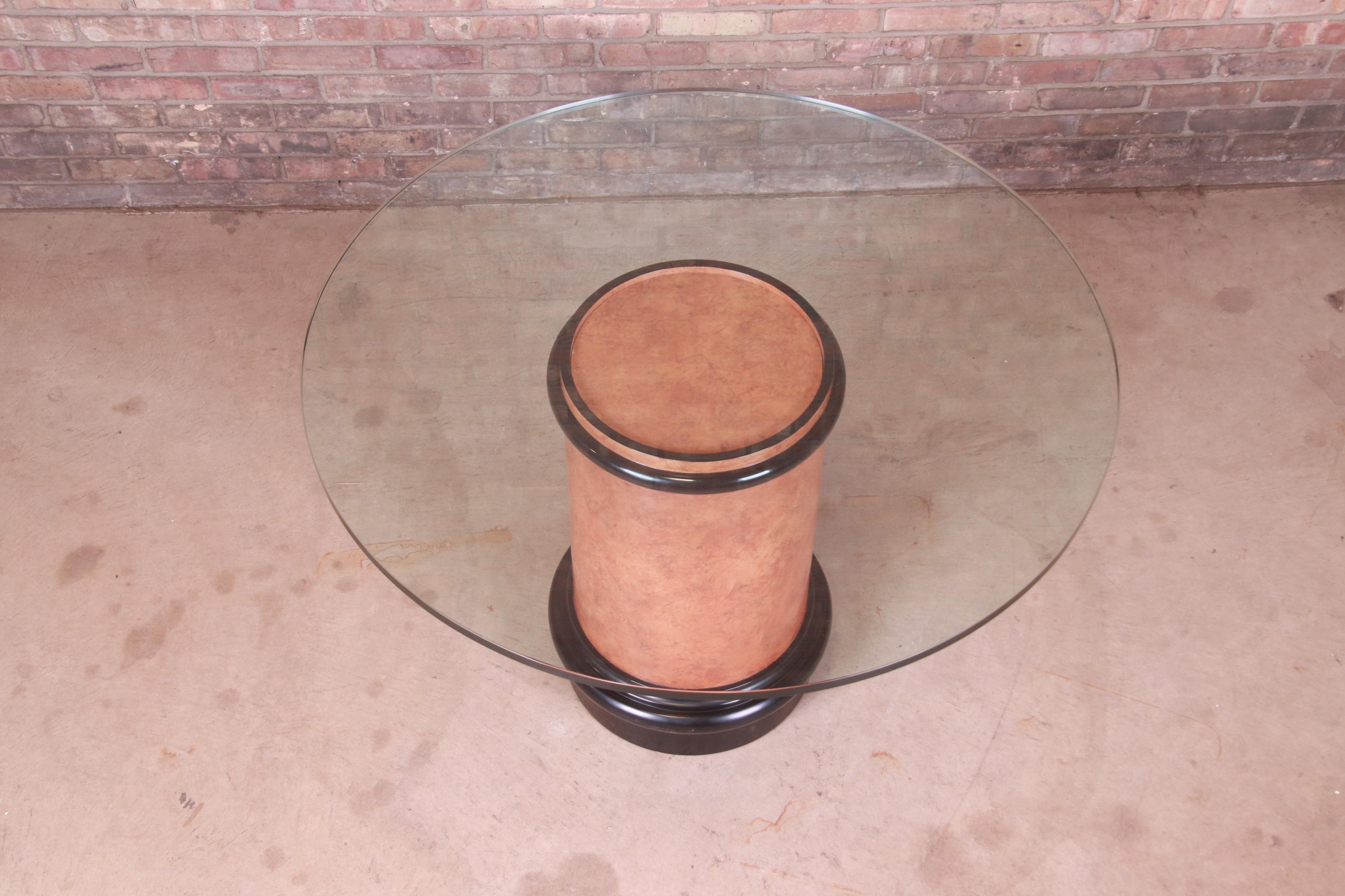 Karl Springer Style Modern Burl Wood Glass Top Pedestal Dining or Center Table For Sale 3