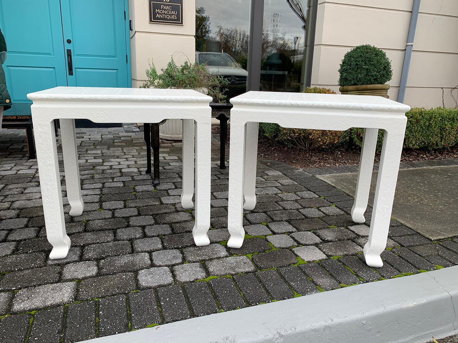 Lacquered Karl Springer Style Pair of Japanese Woven Raffia Covered Side Tables, Marked