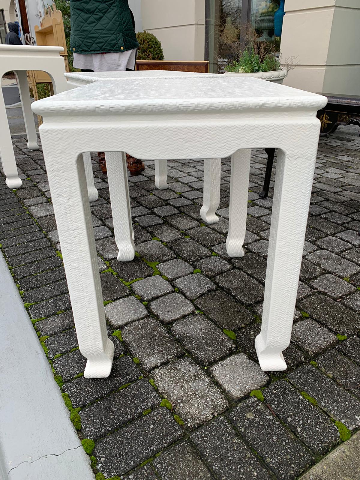 Late 20th Century Karl Springer Style Pair of Japanese Woven Raffia Covered Side Tables, Marked