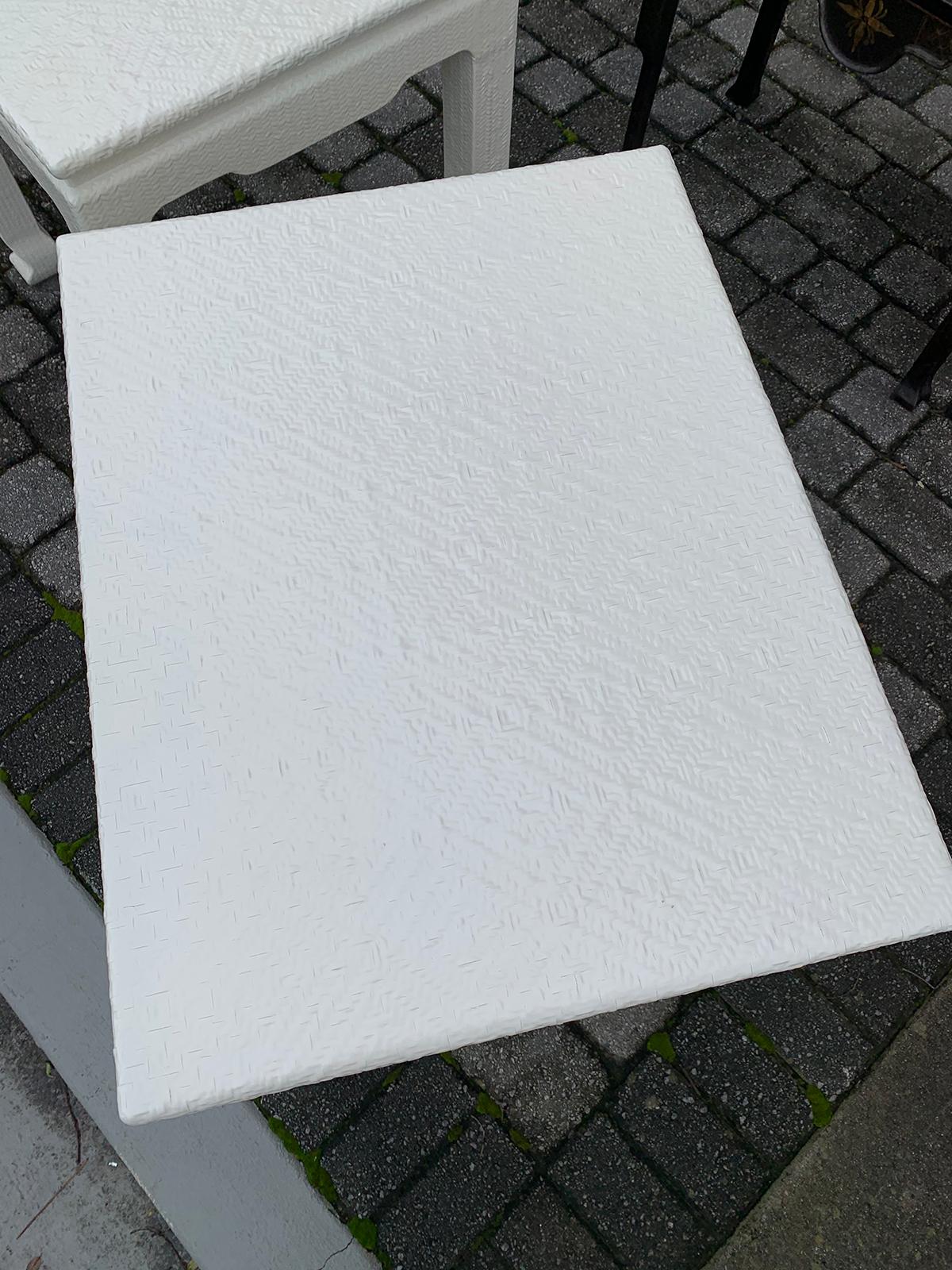 Wood Karl Springer Style Pair of Japanese Woven Raffia Covered Side Tables, Marked