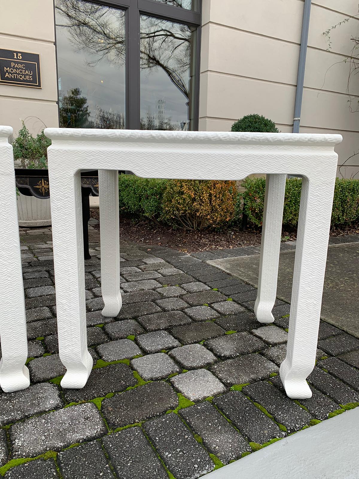 Karl Springer Style Pair of Japanese Woven Raffia Covered Side Tables, Marked 3