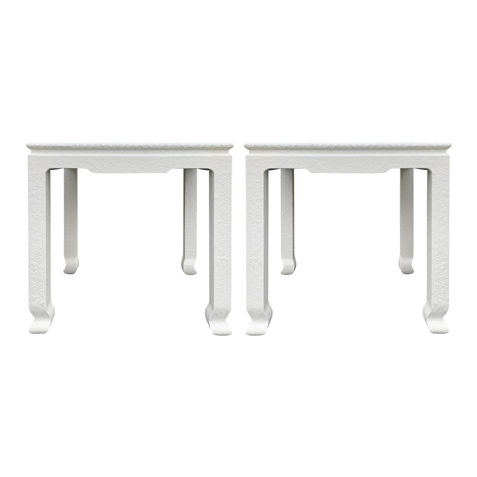 Karl Springer Style Pair of Japanese Woven Raffia Covered Side Tables, Marked