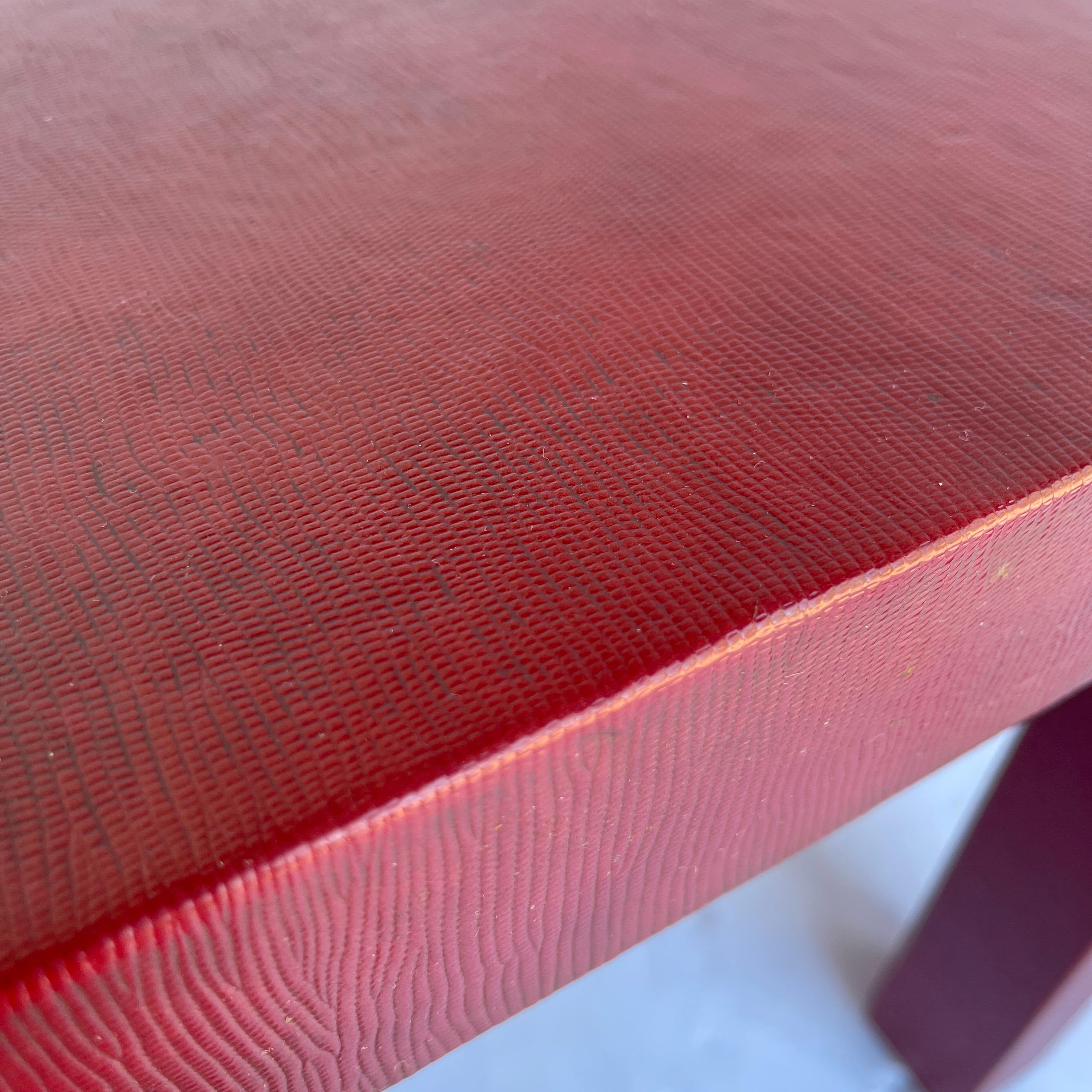 Karl Springer Style Pair of Red Parsons Side Tables Snake Skin Embossed 8