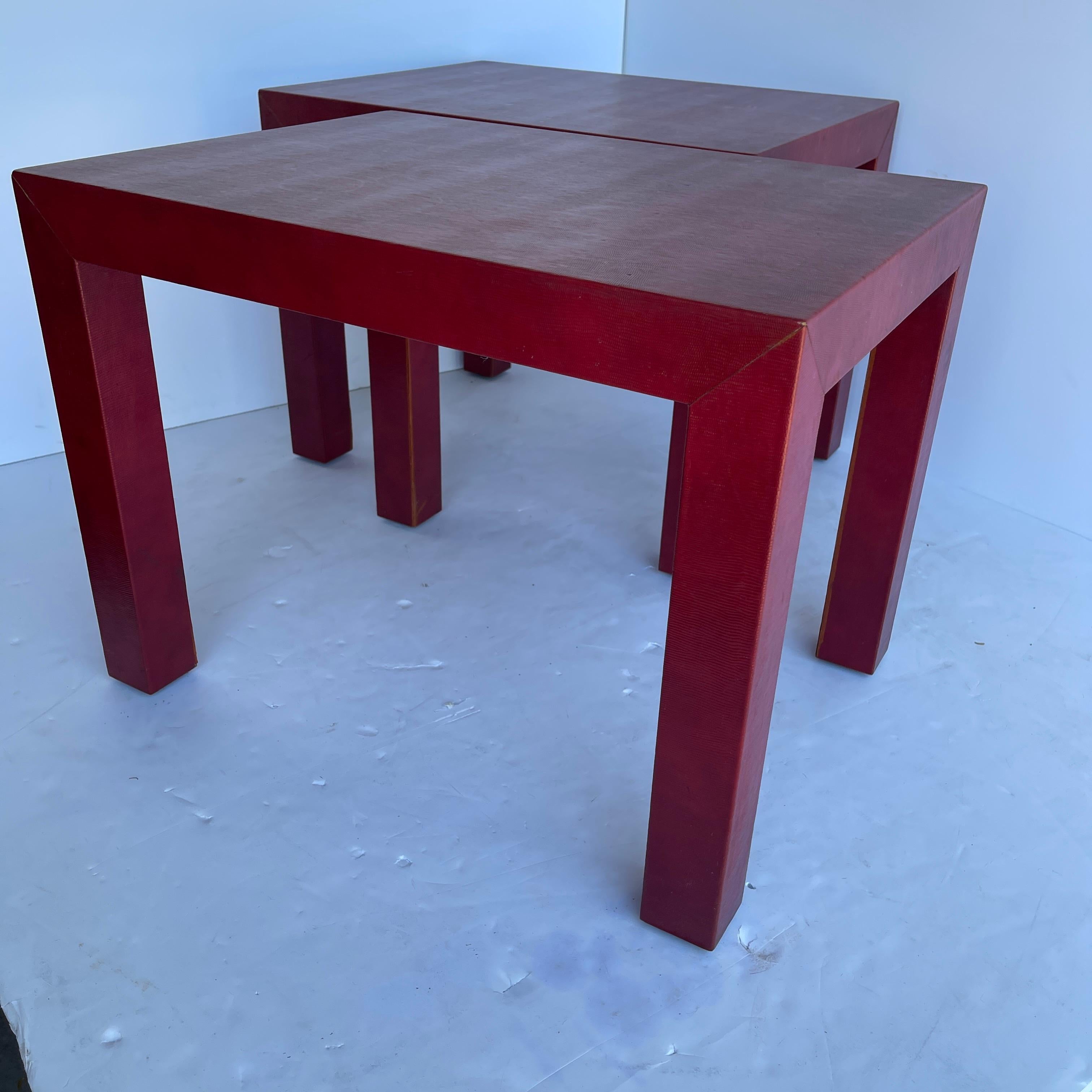 Mid-Century Modern Karl Springer Style Pair of Red Parsons Side Tables Snake Skin Embossed