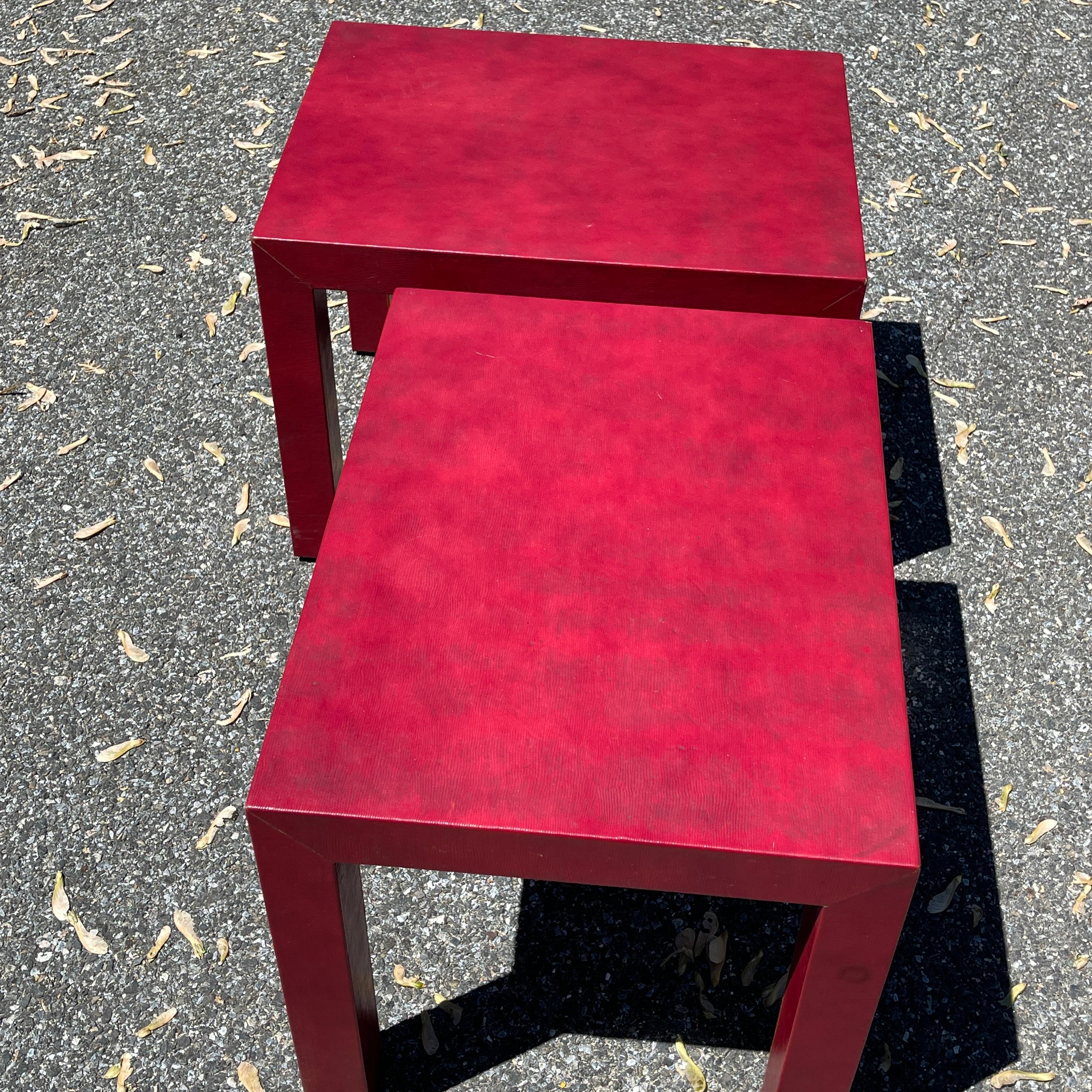 Karl Springer Style Pair of Red Parsons Side Tables Snake Skin Embossed In Good Condition In Haddonfield, NJ