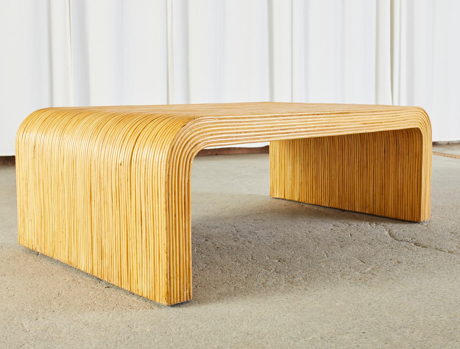 Karl Springer Style Pencil Reed Rattan Waterfall Cocktail Table In Good Condition In Rio Vista, CA