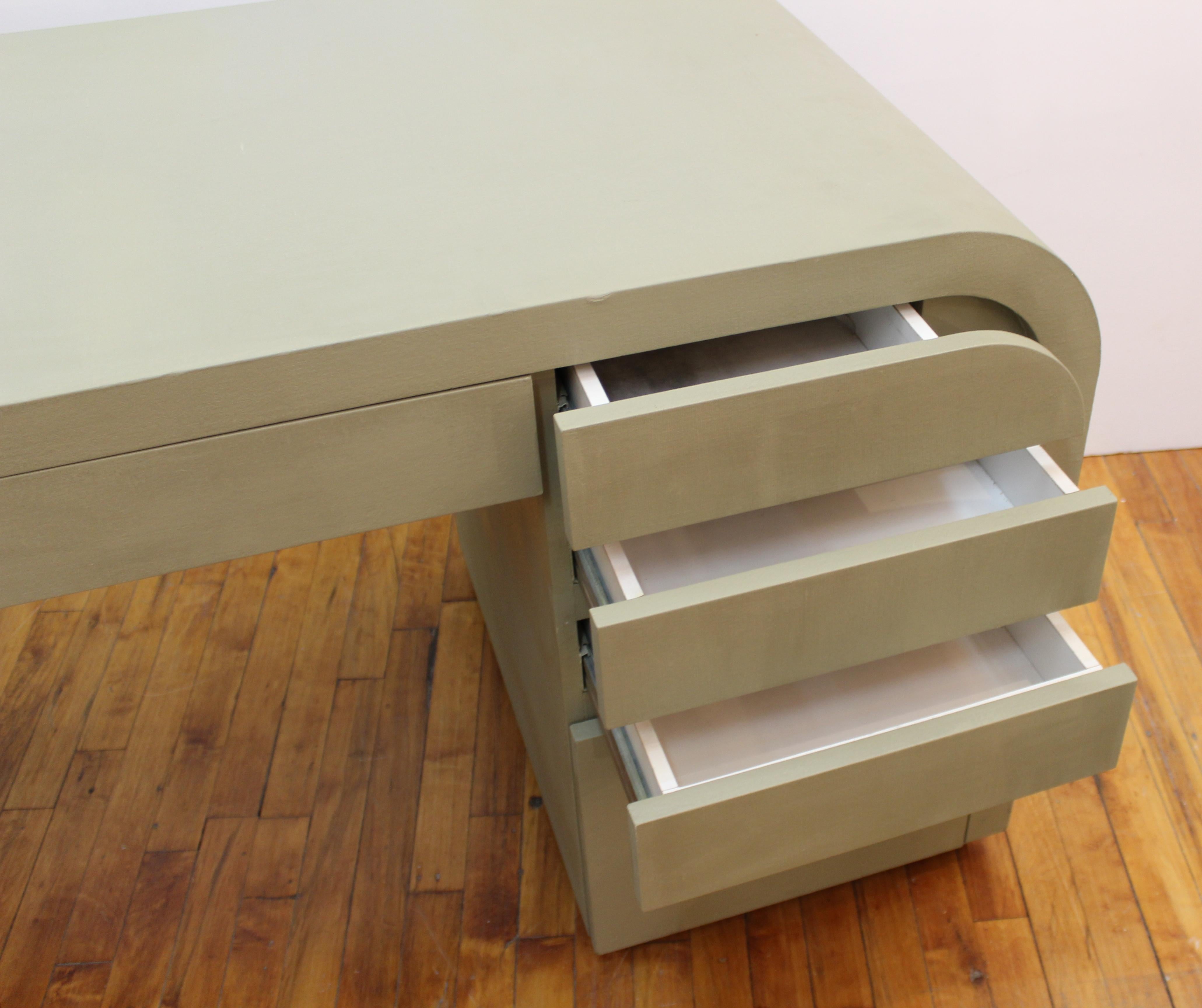 Post-Modern Karl Springer Style Postmodern Waterfall Desk with Grass-Cloth Surface