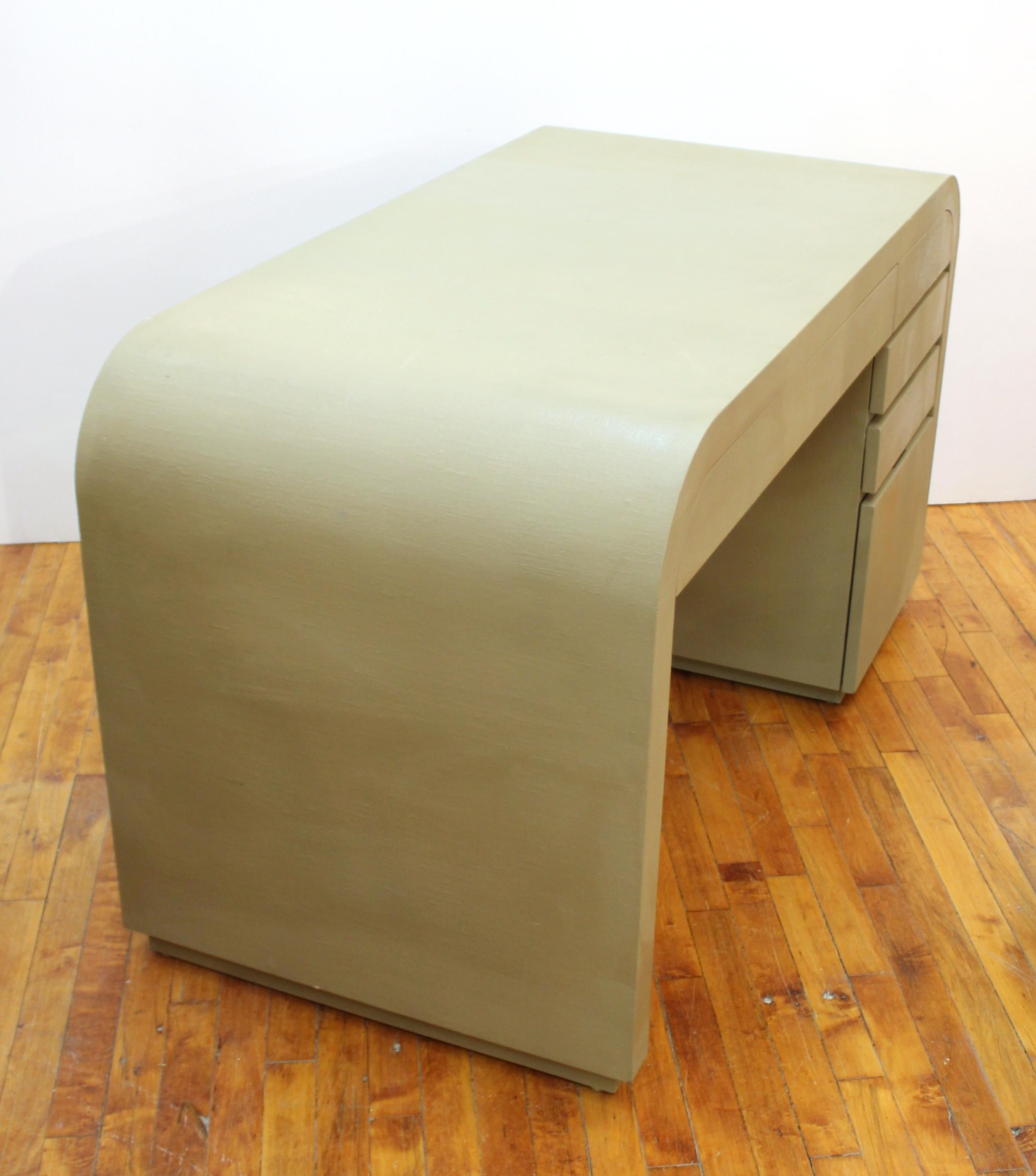 American Karl Springer Style Postmodern Waterfall Desk with Grass-Cloth Surface
