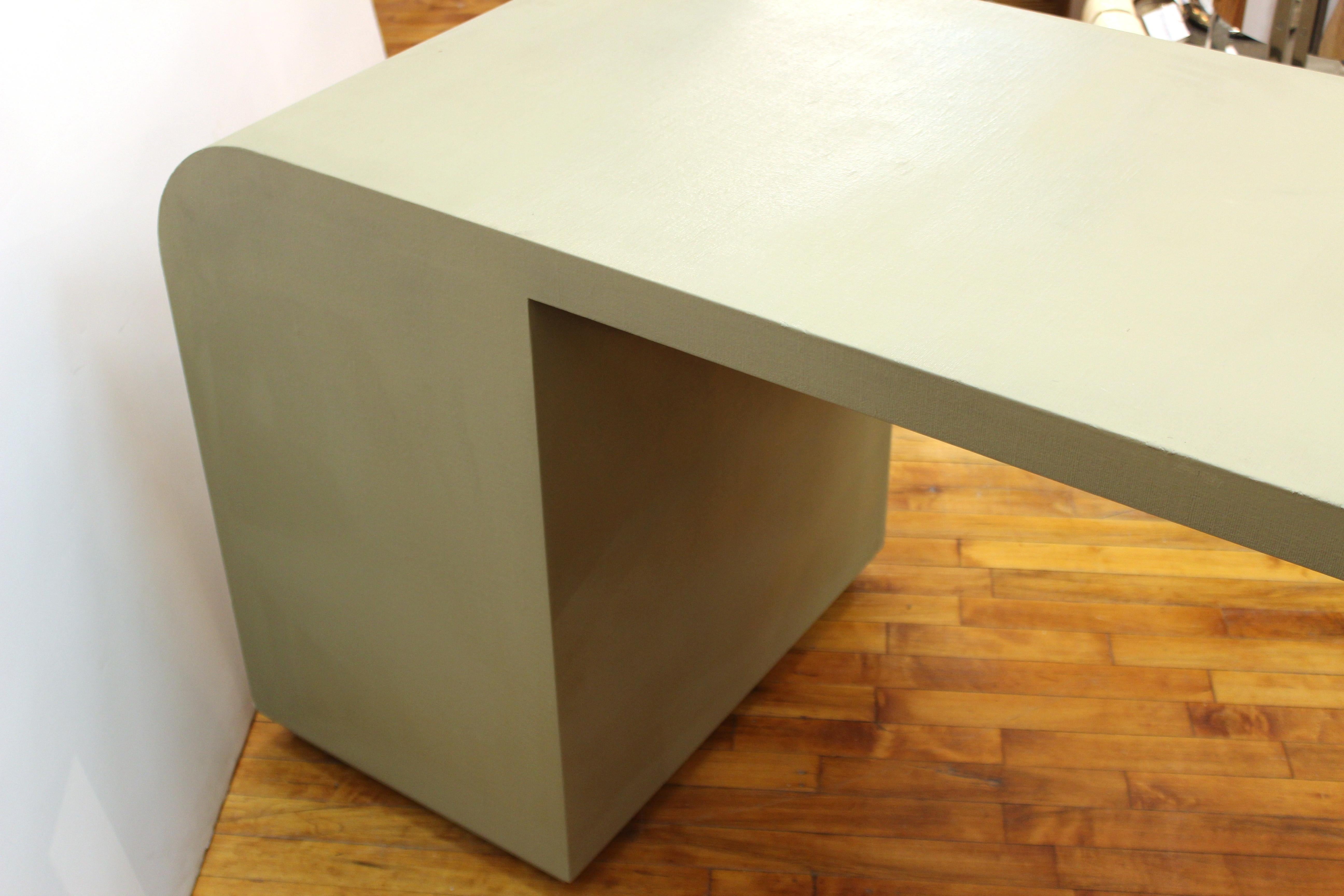 Late 20th Century Karl Springer Style Postmodern Waterfall Desk with Grass-Cloth Surface