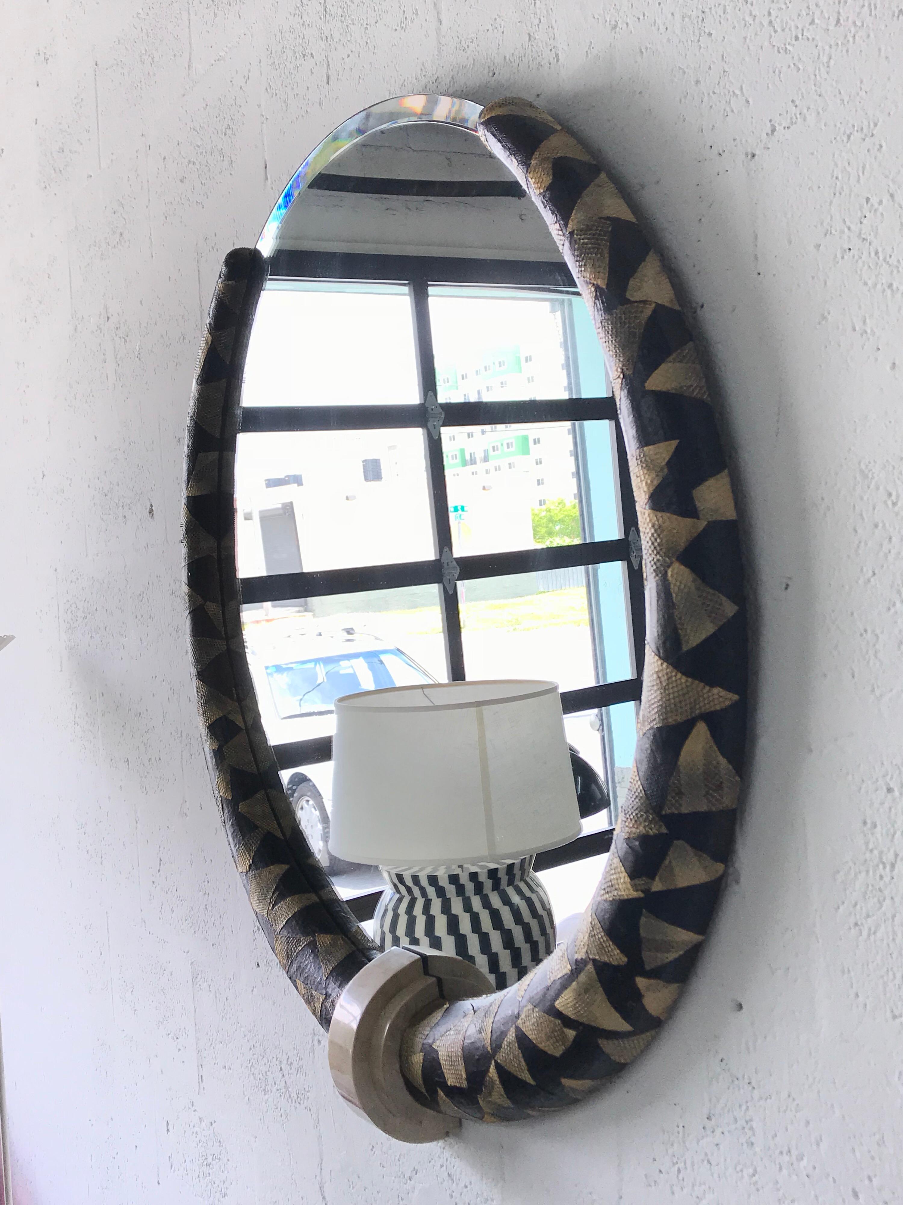 Mid-Century Modern Karl Springer Style Python and Tessellated Stone Mirror
