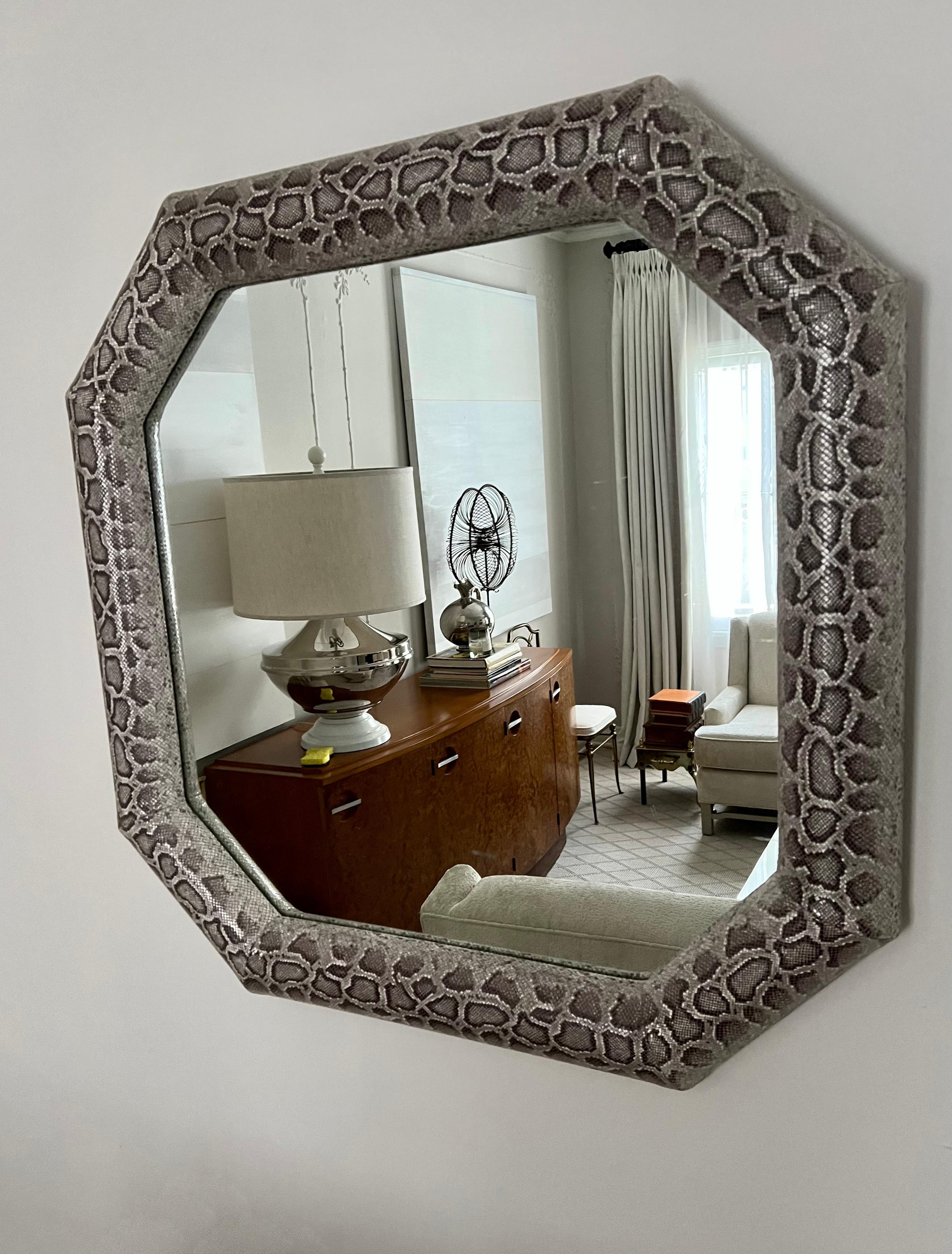 Mid-Century Modern Python Upholstered Wall Mirror, Detachable Chrome Detail For Sale