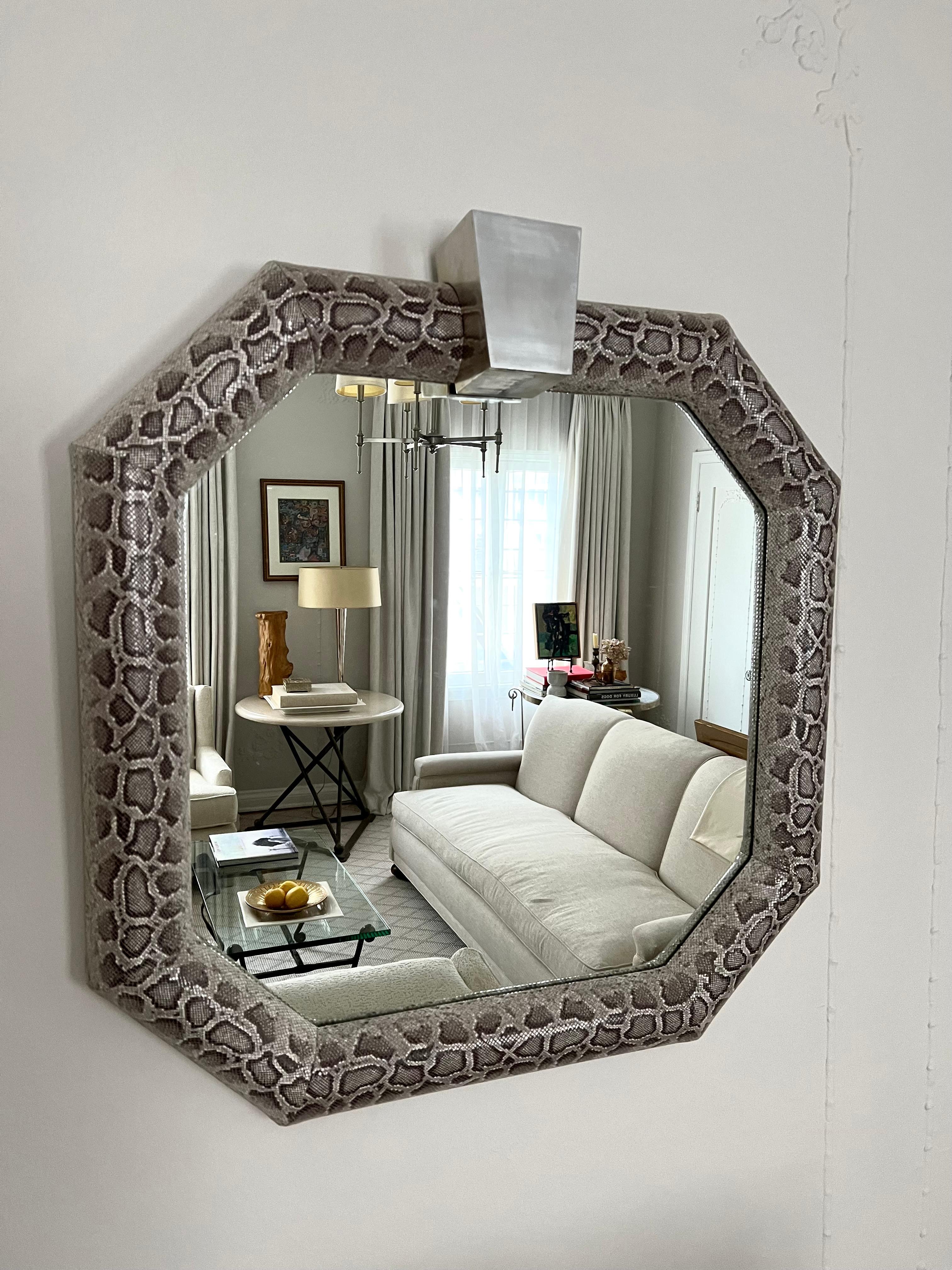 Hand-Crafted Python Upholstered Wall Mirror, Detachable Chrome Detail For Sale