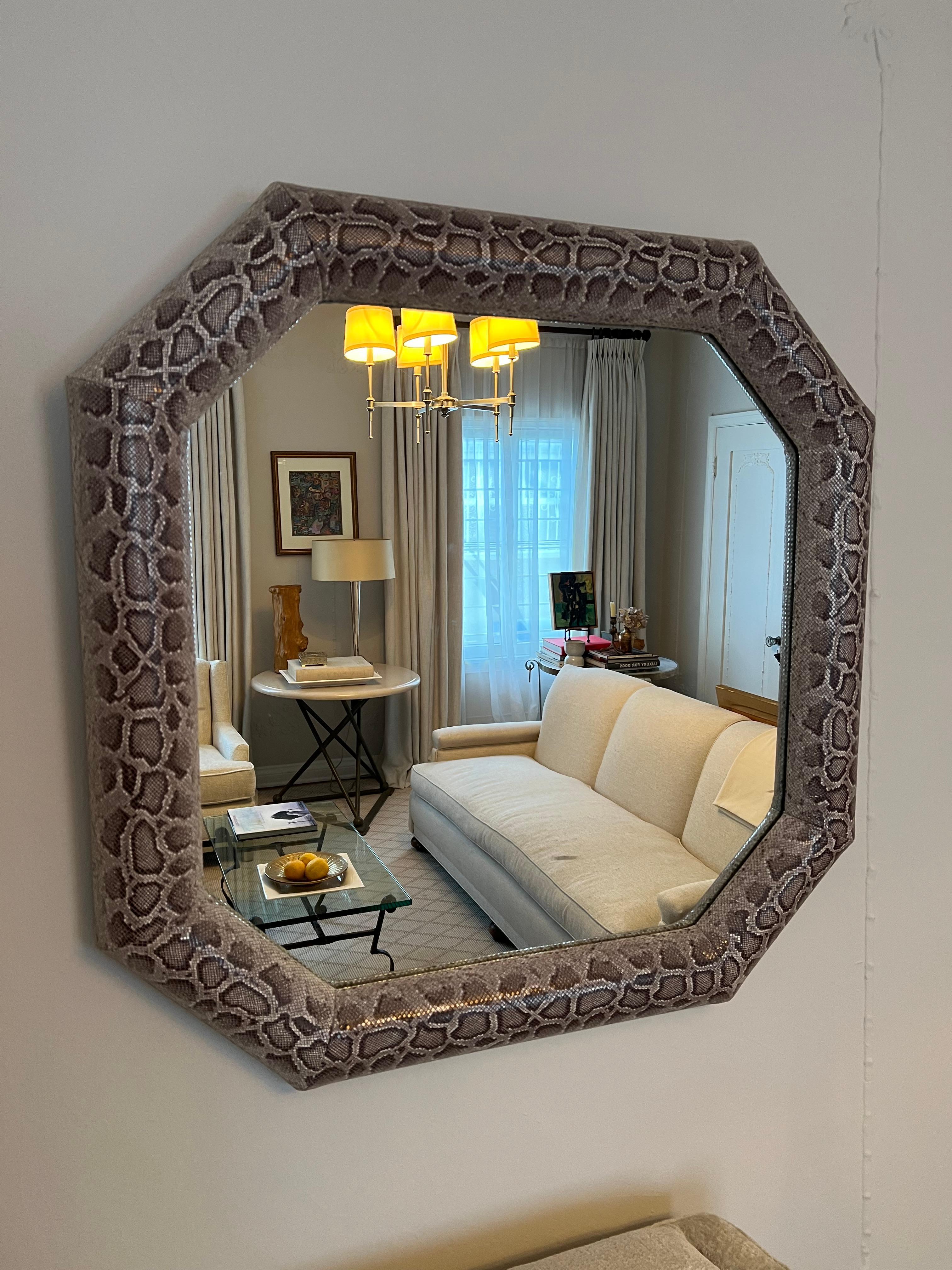 Python Upholstered Wall Mirror, Detachable Chrome Detail In Good Condition For Sale In Los Angeles, CA