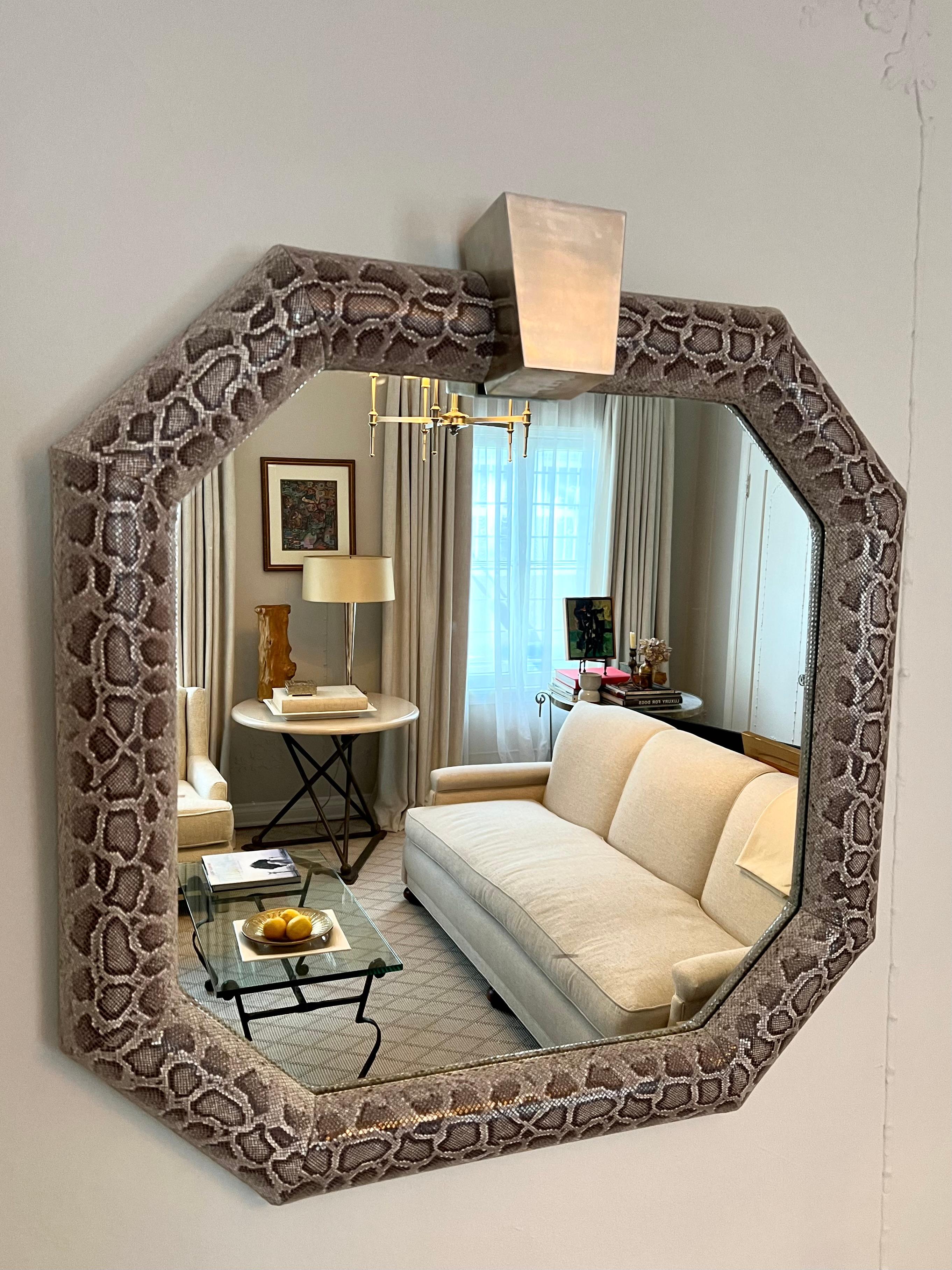 20th Century Python Upholstered Wall Mirror, Detachable Chrome Detail For Sale