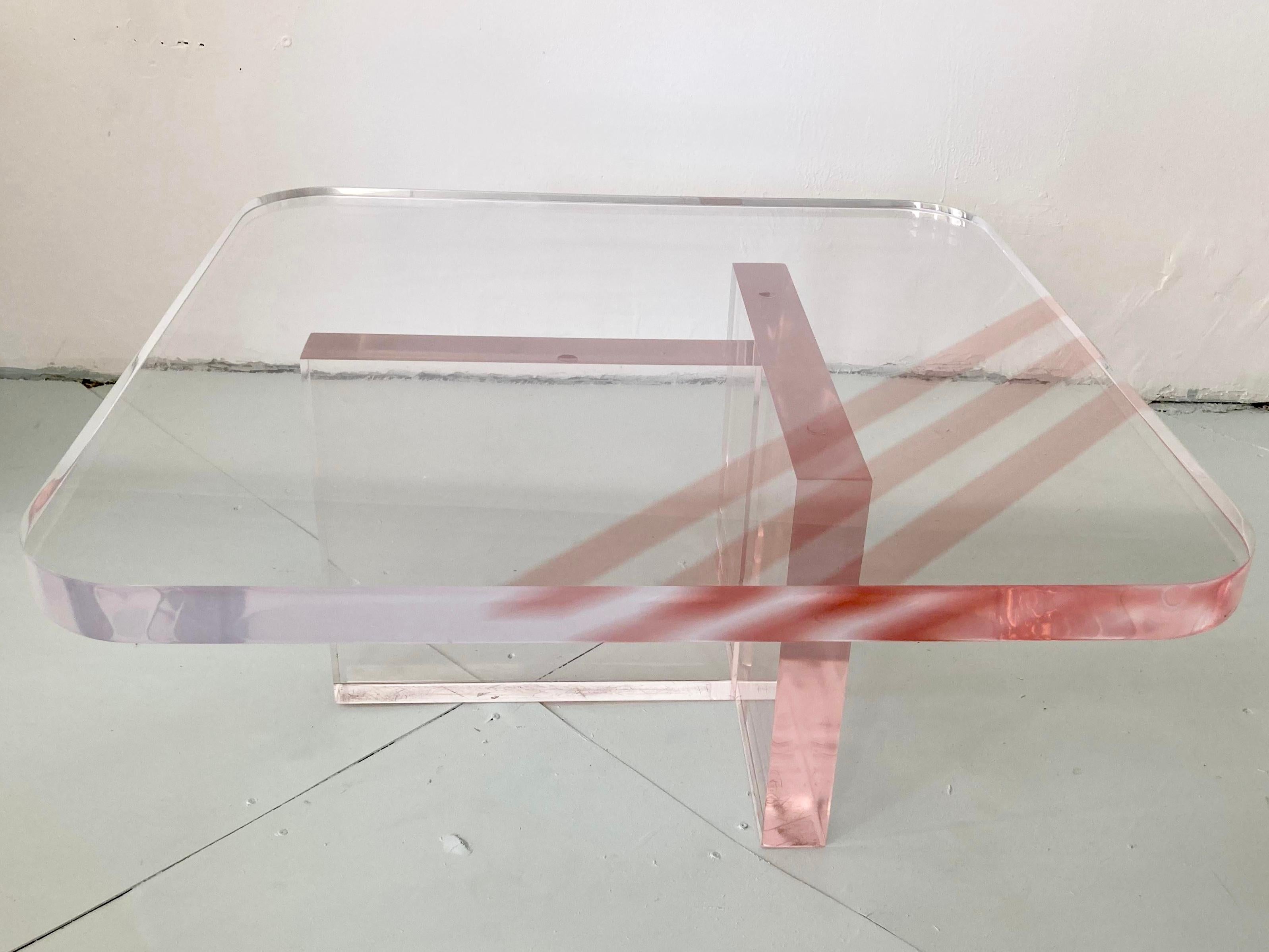 Modern Karl Springer Style Rose Tinted Lucite Coffee Table For Sale