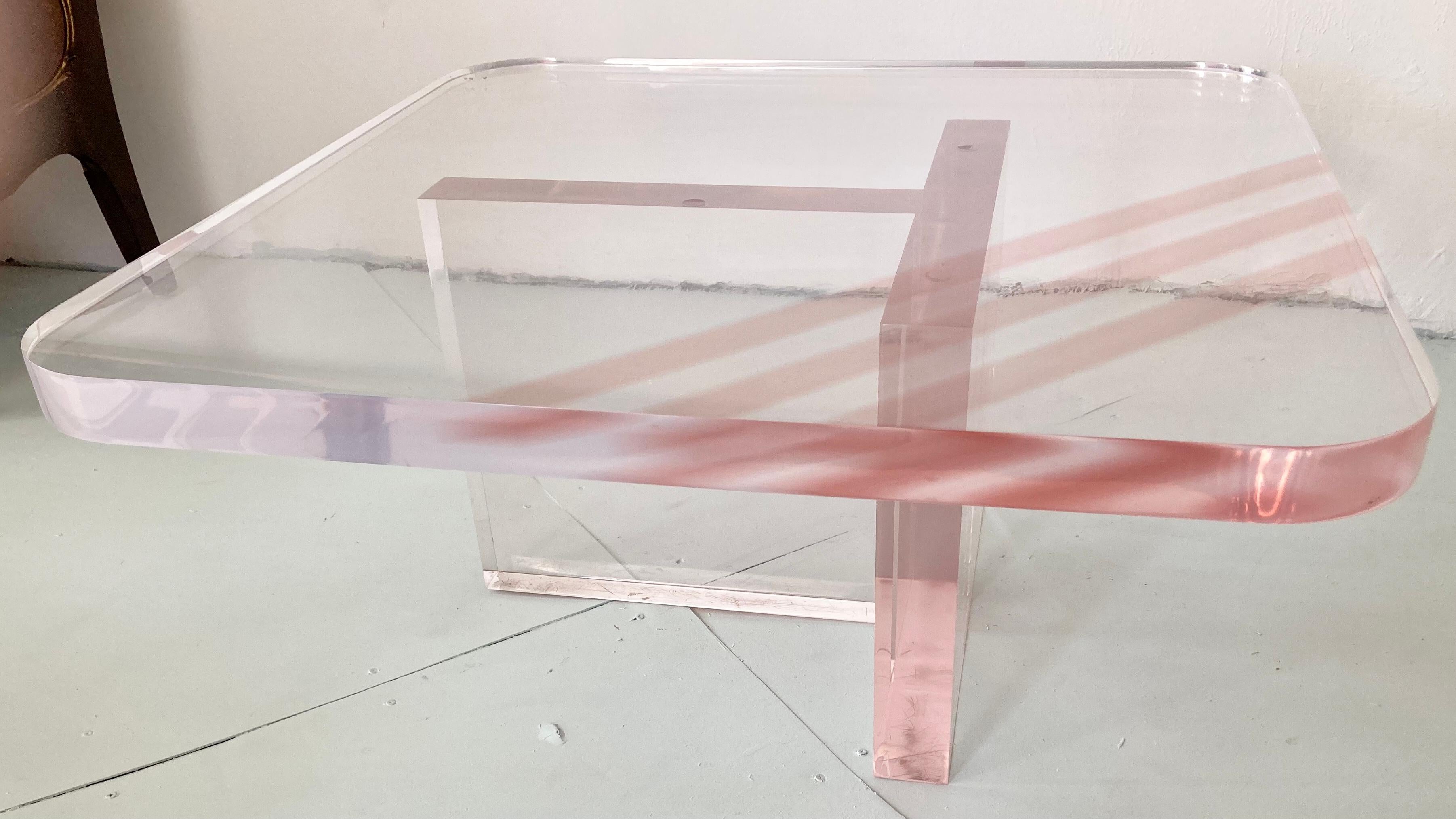 Late 20th Century Karl Springer Style Rose Tinted Lucite Coffee Table For Sale