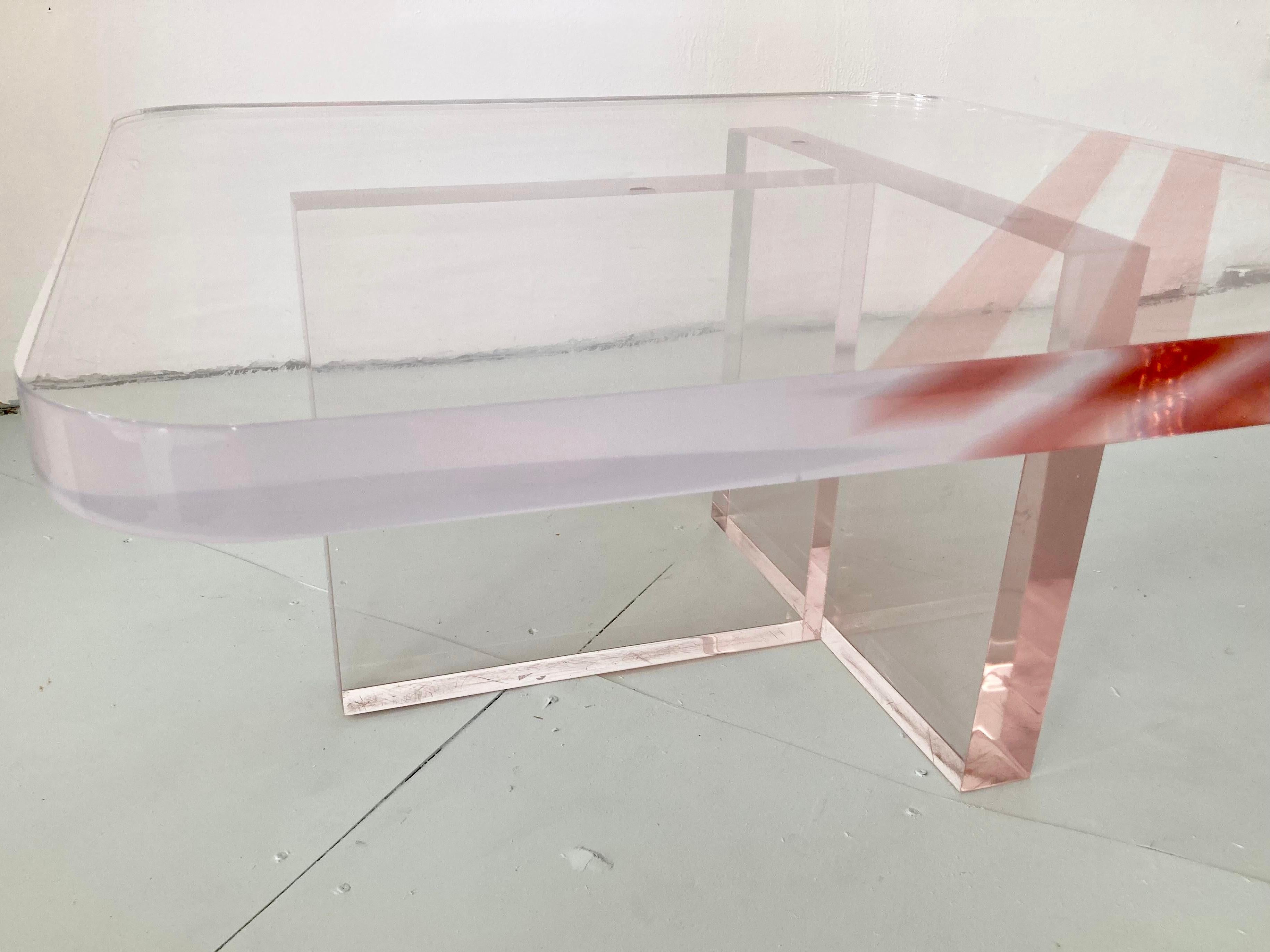 Karl Springer Style Rose Tinted Lucite Coffee Table For Sale 1