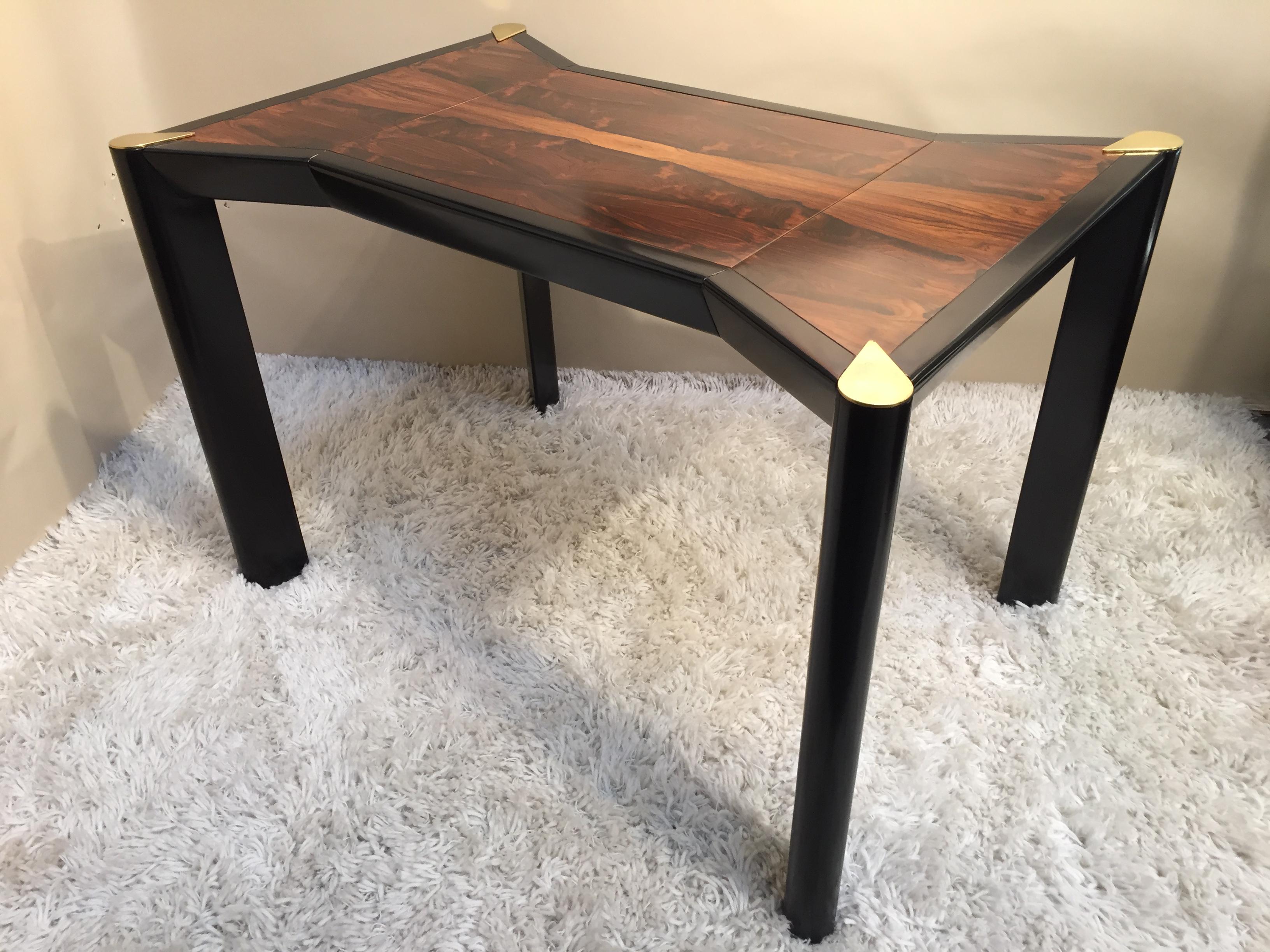 Quality rosewood top, dark walnut brass top leg game-table, reversible top for chess checkers, backgammon interior, another listing has two Harvey Probber chairs that work with this table.
