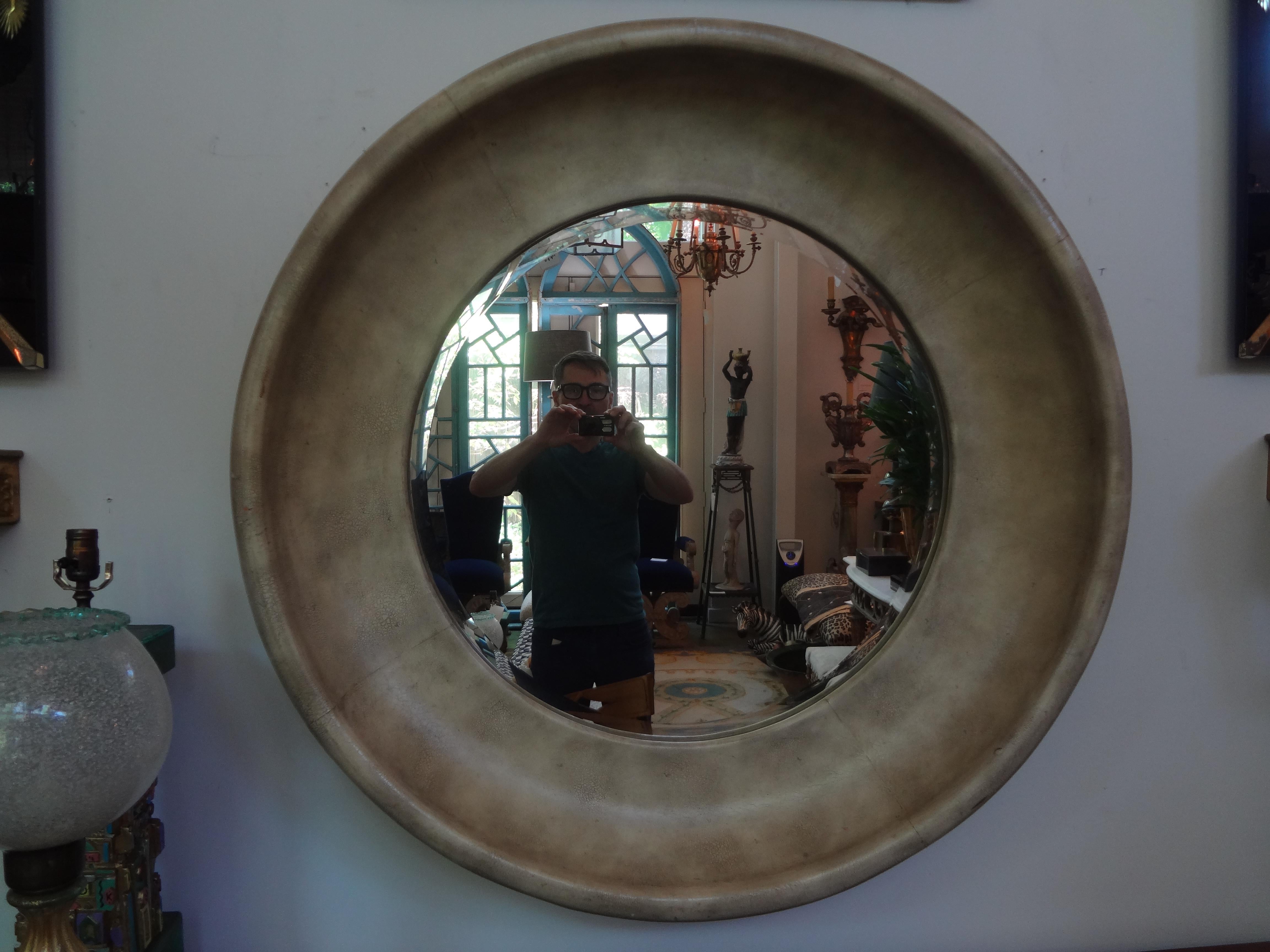 Mid-Century Modern Karl Springer inspired round goatskin beveled mirror.
