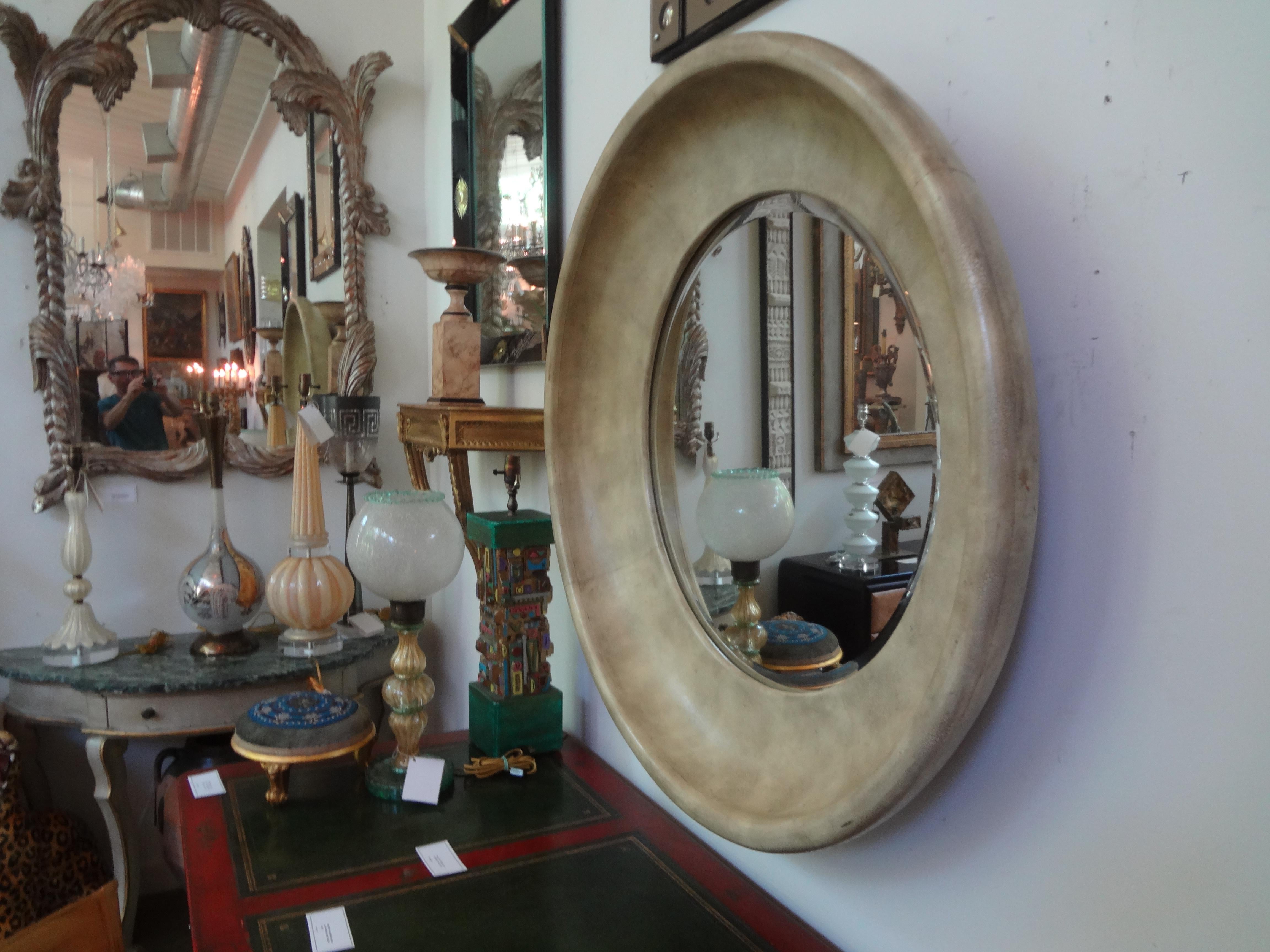 Mid-Century Modern Karl Springer Style Round Goatskin Beveled Mirror