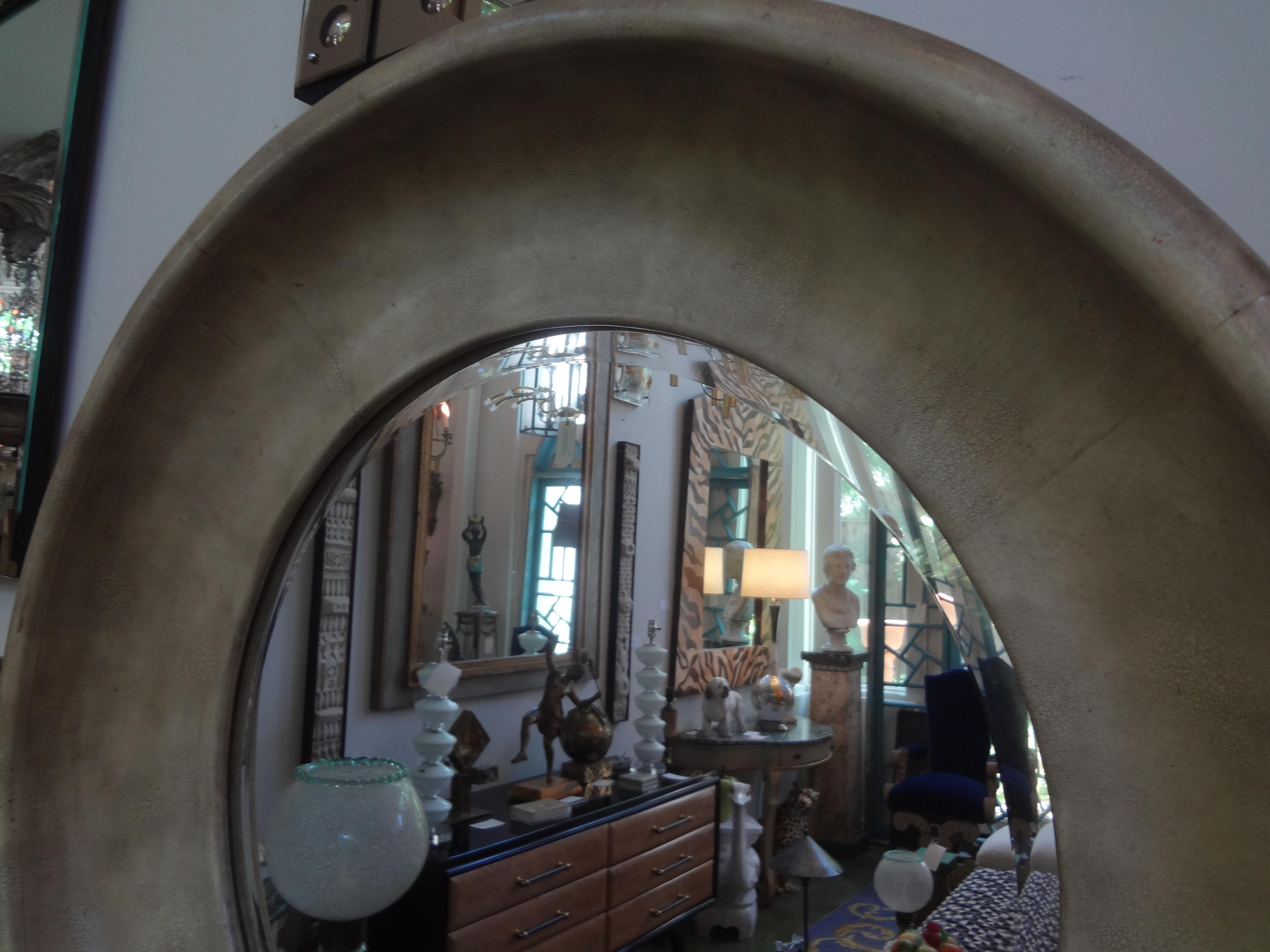 Karl Springer Style Round Goatskin Beveled Mirror In Good Condition In Houston, TX